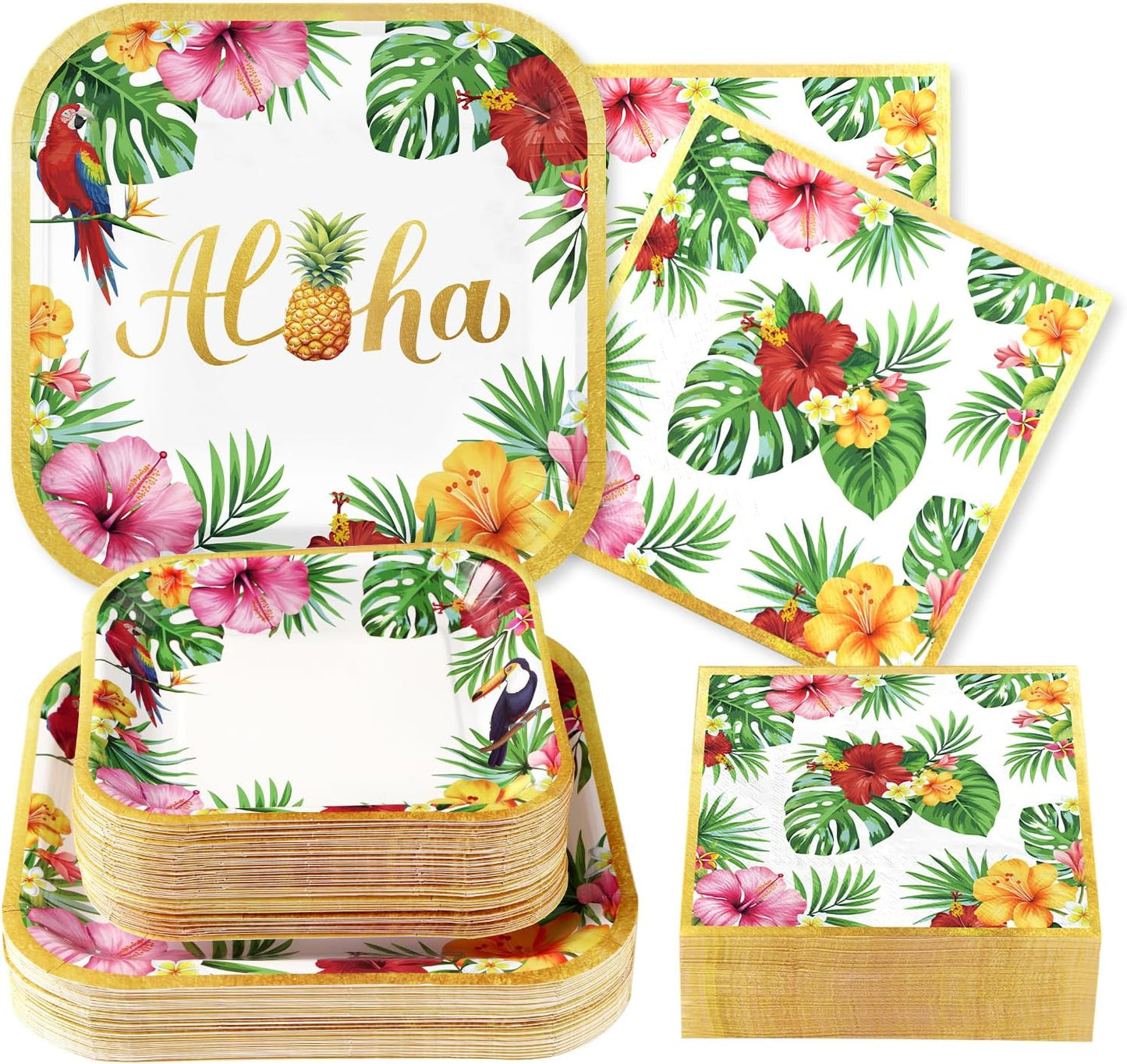 Grencian 200Pcs Hawaiian Luau Party Decorations Aloha Tropical Hibiscus Floral Luau Plates and Napkins Palm Leaf Tableware Sets for Summer Holiday Hawaiian Birthday Dinner Party Supplies Serves 50