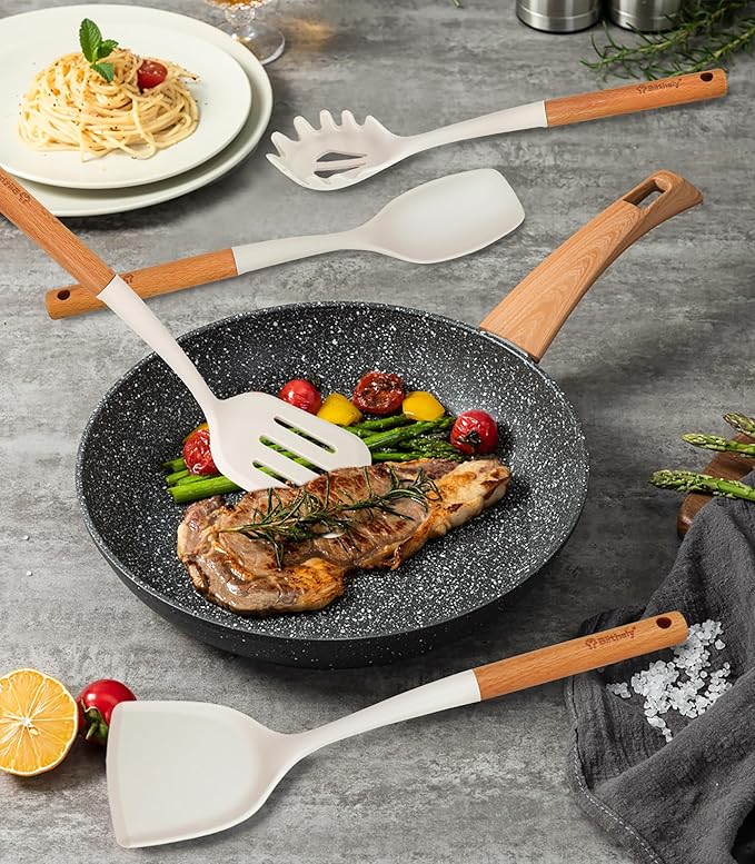 Silicone Cooking Utensils Set, 6 Pack Large Kitchen Utensils Set with Wooden Handle, Heat Resistant Silicone Utensil Spatula Set for Nonstick Cookware, Spatula, Turner, Spoon, Ladle BPA Free (White)