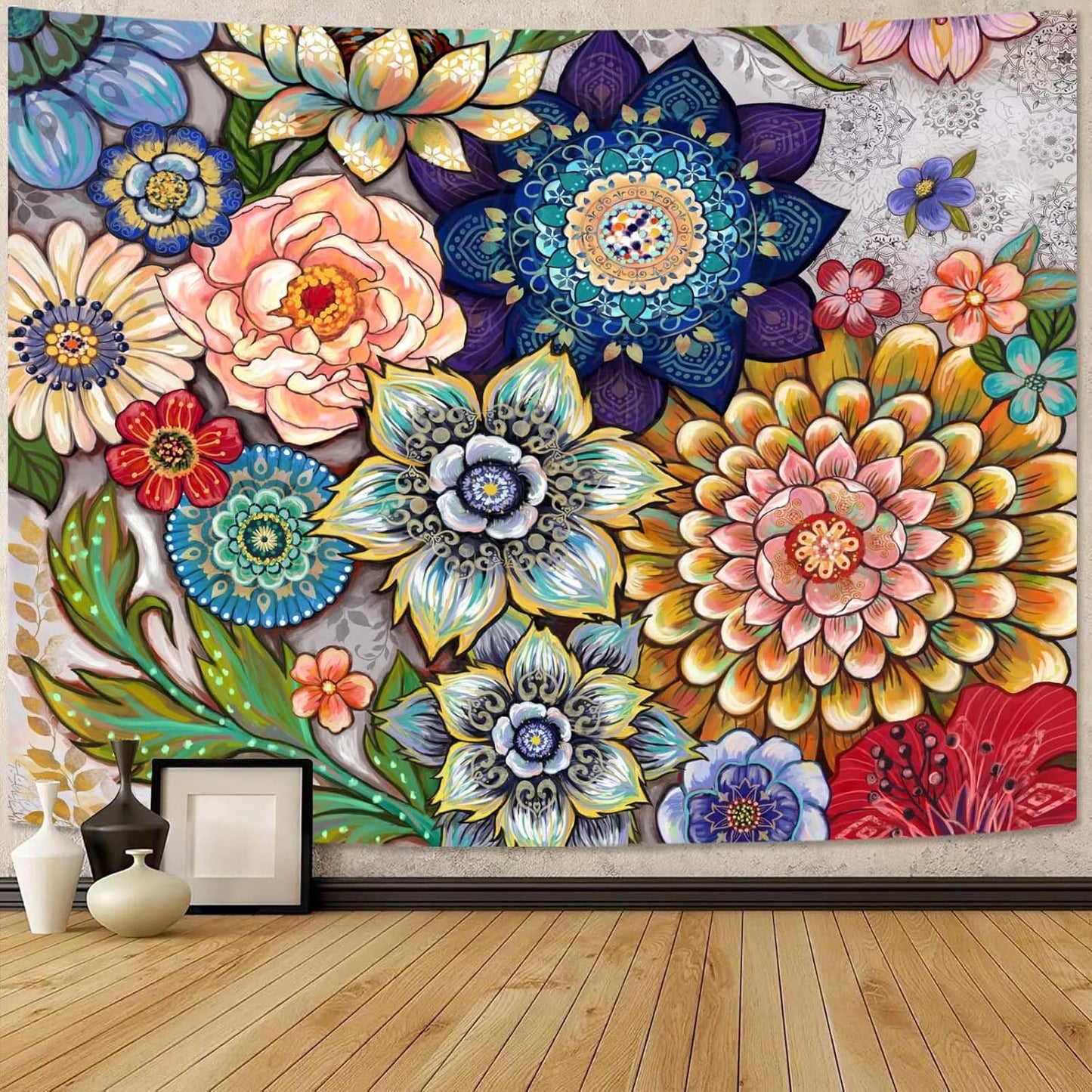 Neasow Colorful Floral Tapestry Wall hanging, Bright Boho Fabric Blossom Tapestries, Multi Color Tapestry for Bedroom Home Hippie Wall Decor 68×90 inch