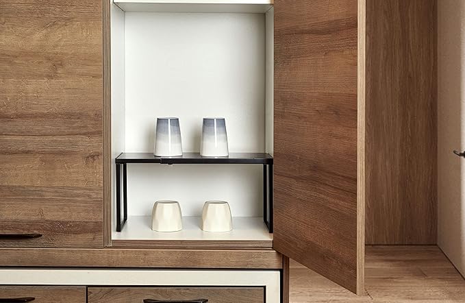 Nxconsu Cabinet Shelf Expandable Organizer Riser Rack for Kitchen Pantry Cupboard Under Sink Countertop Home Organization Extra Storage Space Saver Heavy Duty Metal Edgeless Design Black Large