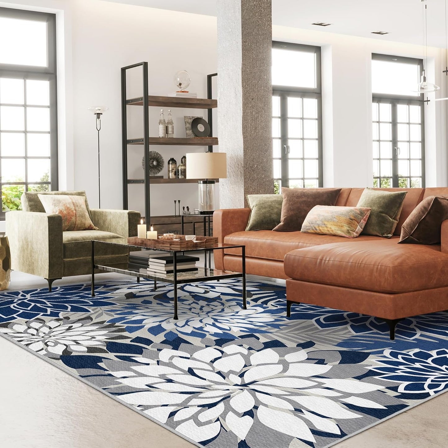 Indoor Outdoor Area Rug Washable Multicolored Patio Rug Tropical Botanical Modern Floral Indoor Outdoor Carpet Blue White Rug Non Slip for Patio, Deck, Backyard, Porch (6x9)