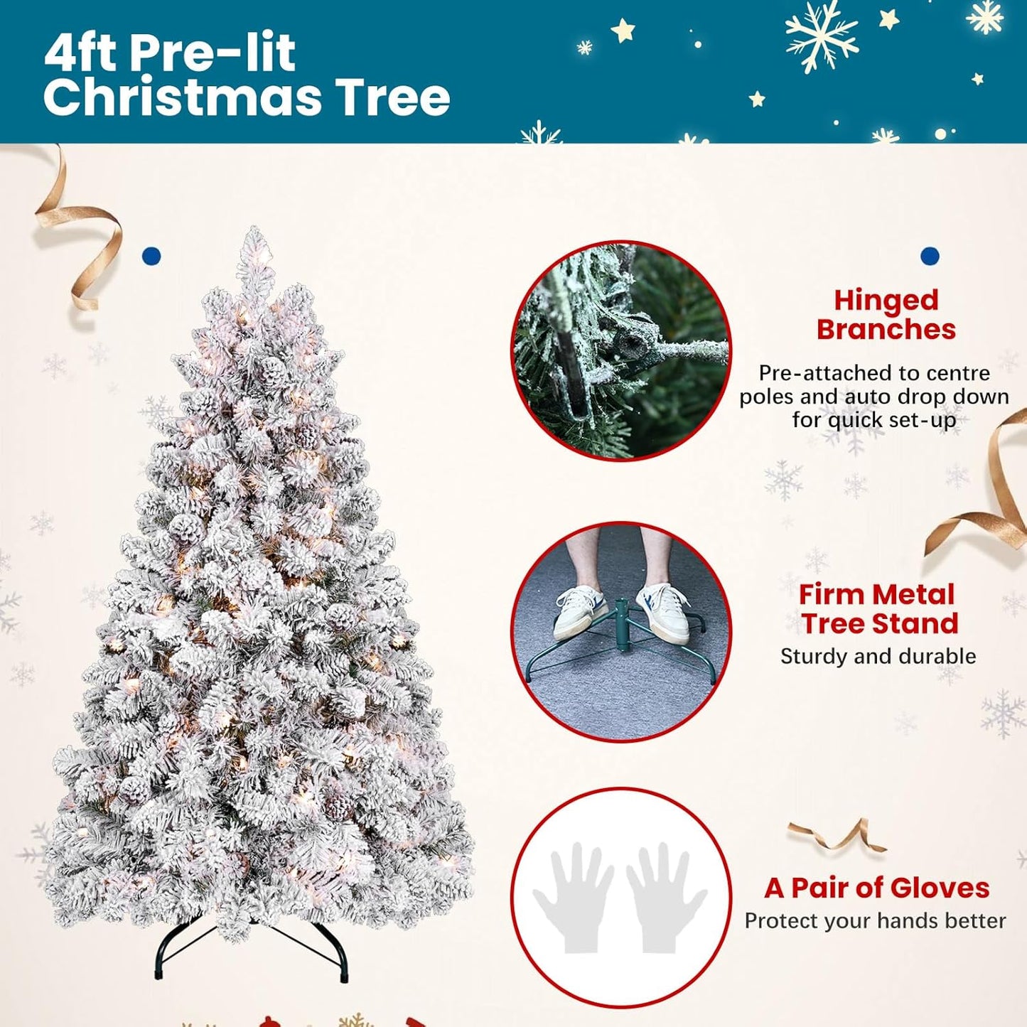 4 ft Prelit Flocked Christmas Tree with Pine Cones & 150 UL Lights, Snow Frosted Artificial Christmas Tree with Auto Hinged Stand for Holiday Decor