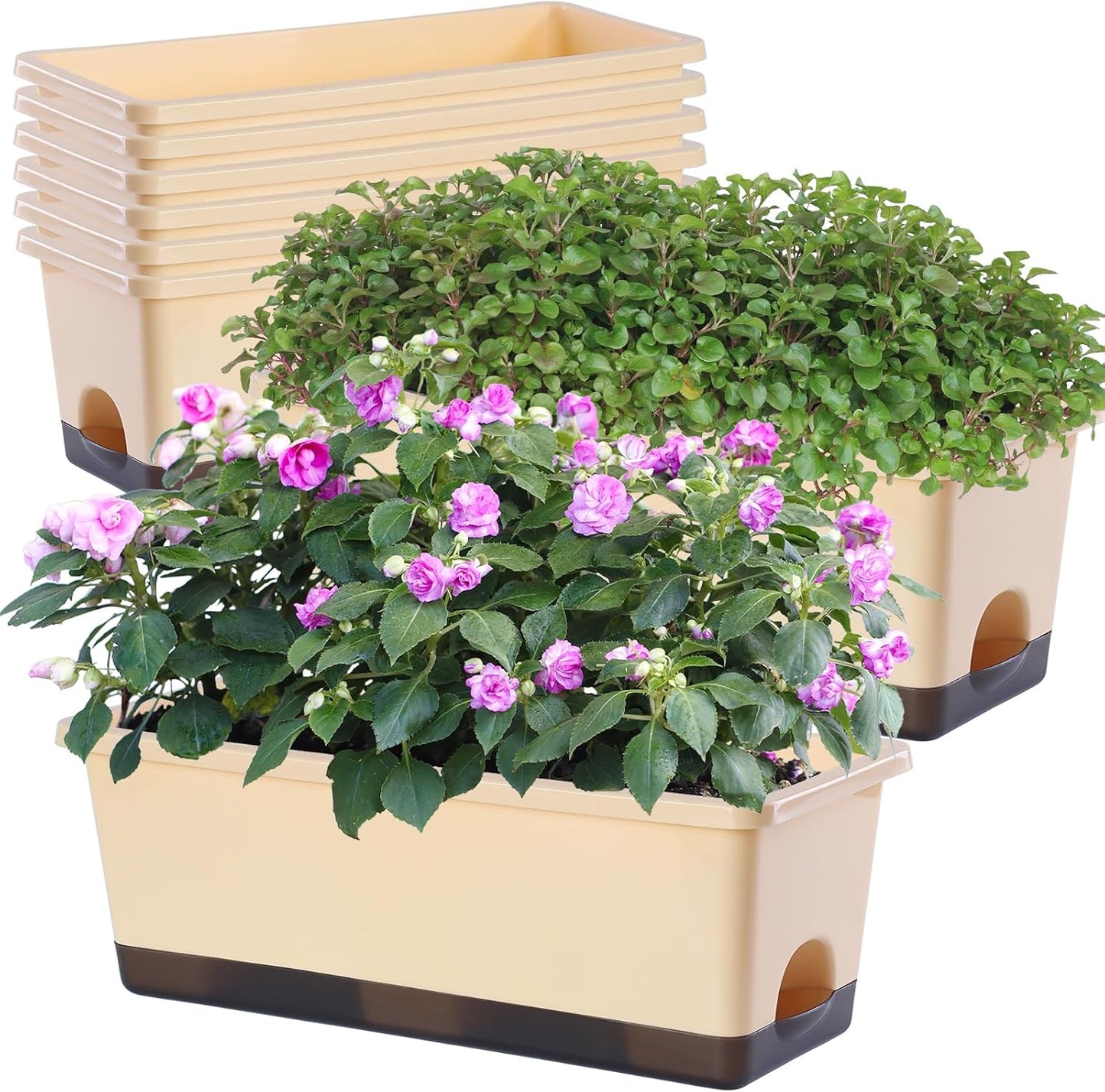 Window Box Planter 8 Pcs, 17 Inches Rectangle Flower Pots with Drainage Holes and Trays, Vegetable Planters for Windowsill Patio Garden Balcony Home Porch Yard Indoor Outdoor (Barley Yellow)