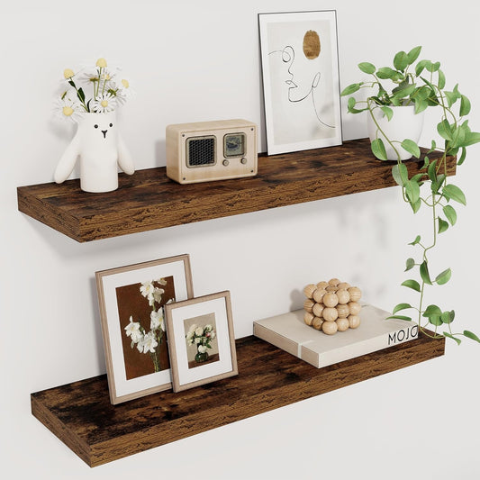 Fun Memories Floating Shelves for Wall, 22.5" Rustic Wood Deep Wall Mounted Shelves with Invisible Brackets for Decor & Storage, Floating Shelf for Living Room, Bathroom (Rustic Brown, Set of 2)