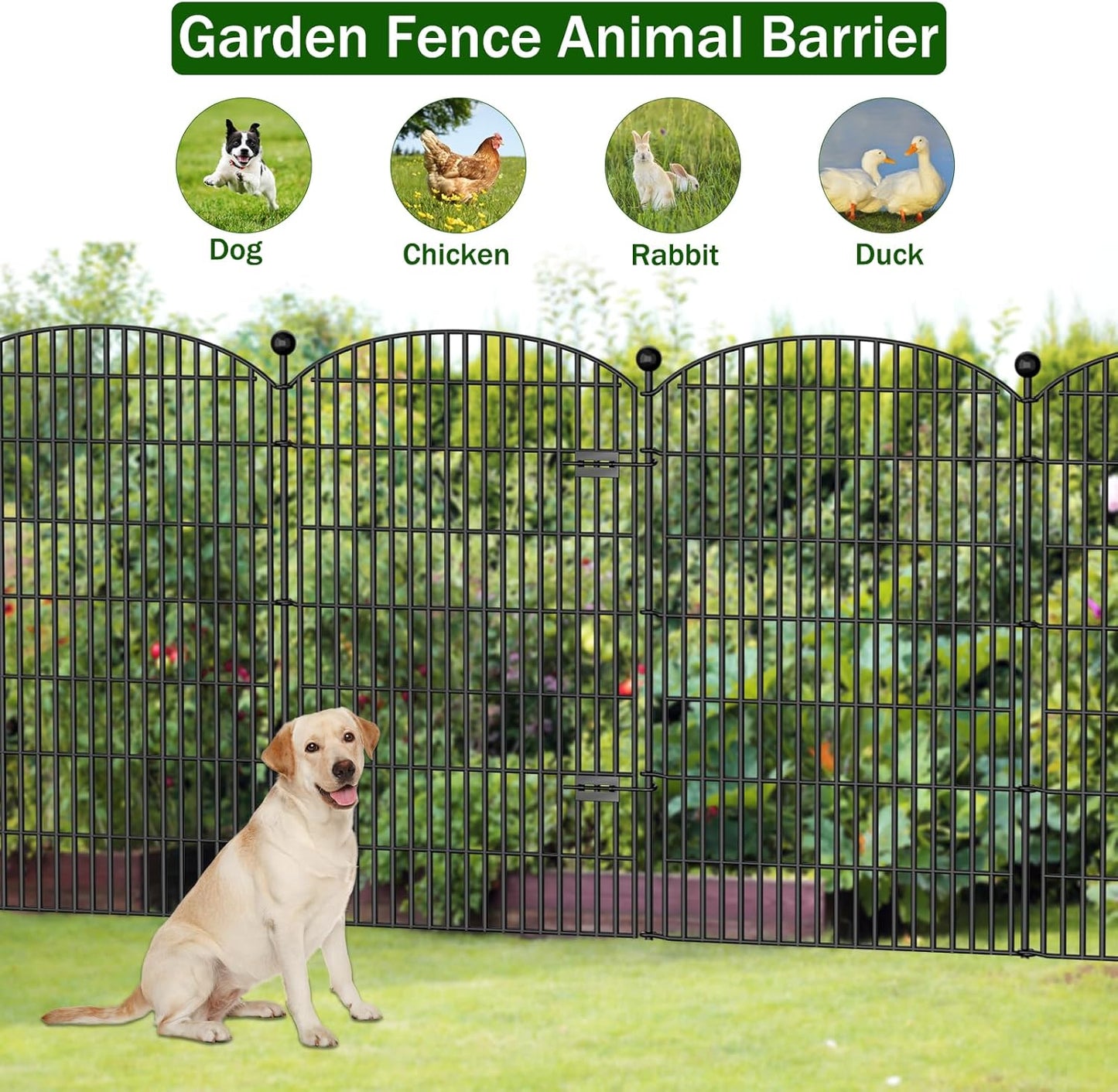 No Dig Decorative Garden Fence 4 Panels with Gate, 48 in (H) x 10.4 ft (L), Dog Fence Outdoor for Yard，Rustproof Metal Animal Barrier Ground Stakes Fencing for Garden, Patio, Flower Bed