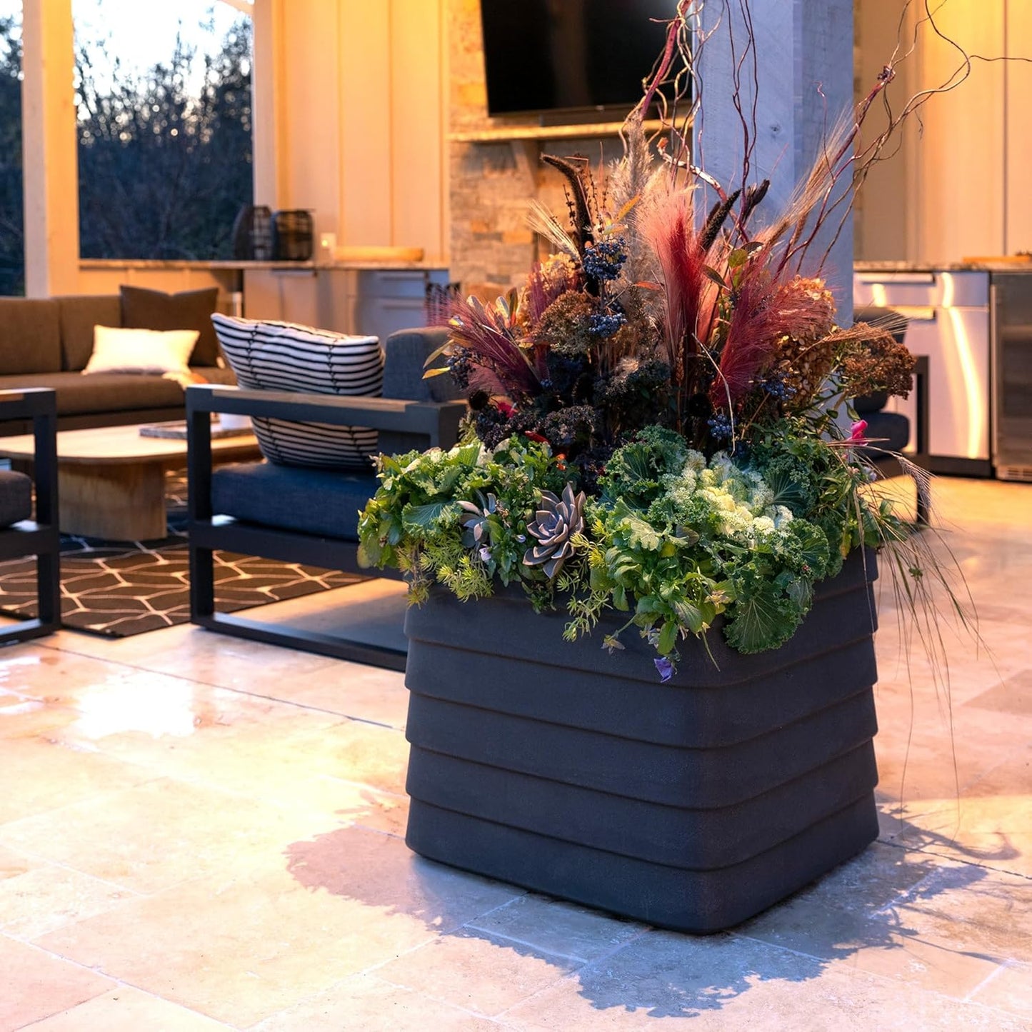 Crescent Garden TruDrop Self Watering Slat Square Box Planter - Indoor Outdoor Planter Box with Built-in Reservoir & Water Level Indicator, All Weather Flower Pot, 22'' (Caviar Black)