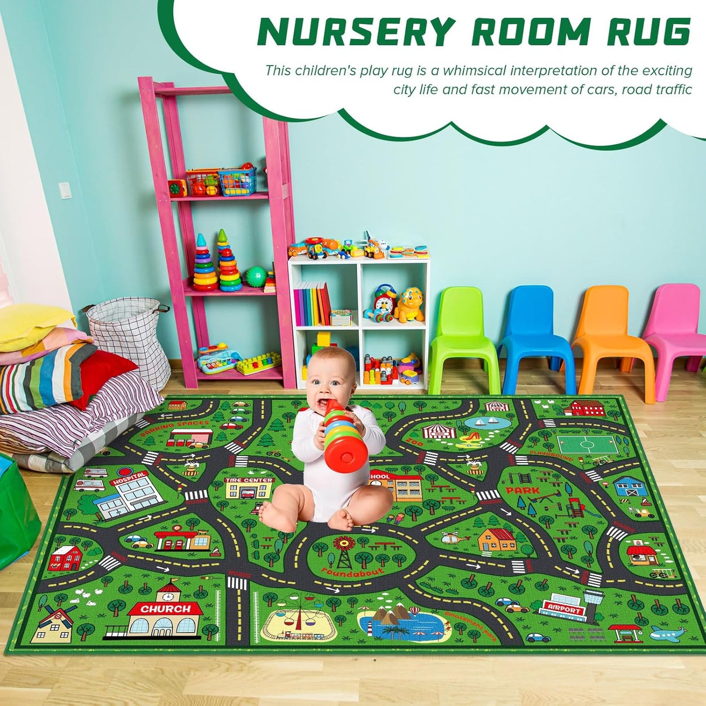 Kids Carpet Playmat Rug 6 x 9 ft Player Car Rug, City Life Traffic Road Map Mat Educational Game Area Mat for Toddler Children Playroom Classroom Bedroom(Green)