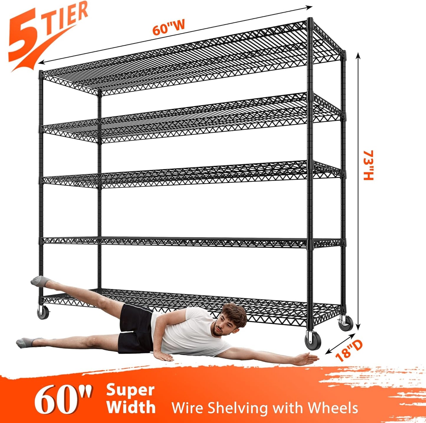 REIBII Storage Shelves 3200 LBS Capacity Wire Shelving with Wheels Heavy Duty Metal Shelf for Warehouses, Garage,Kitchens, School,Commercial Shelf, 73" H X 60" W X 18" D, 2 Pack
