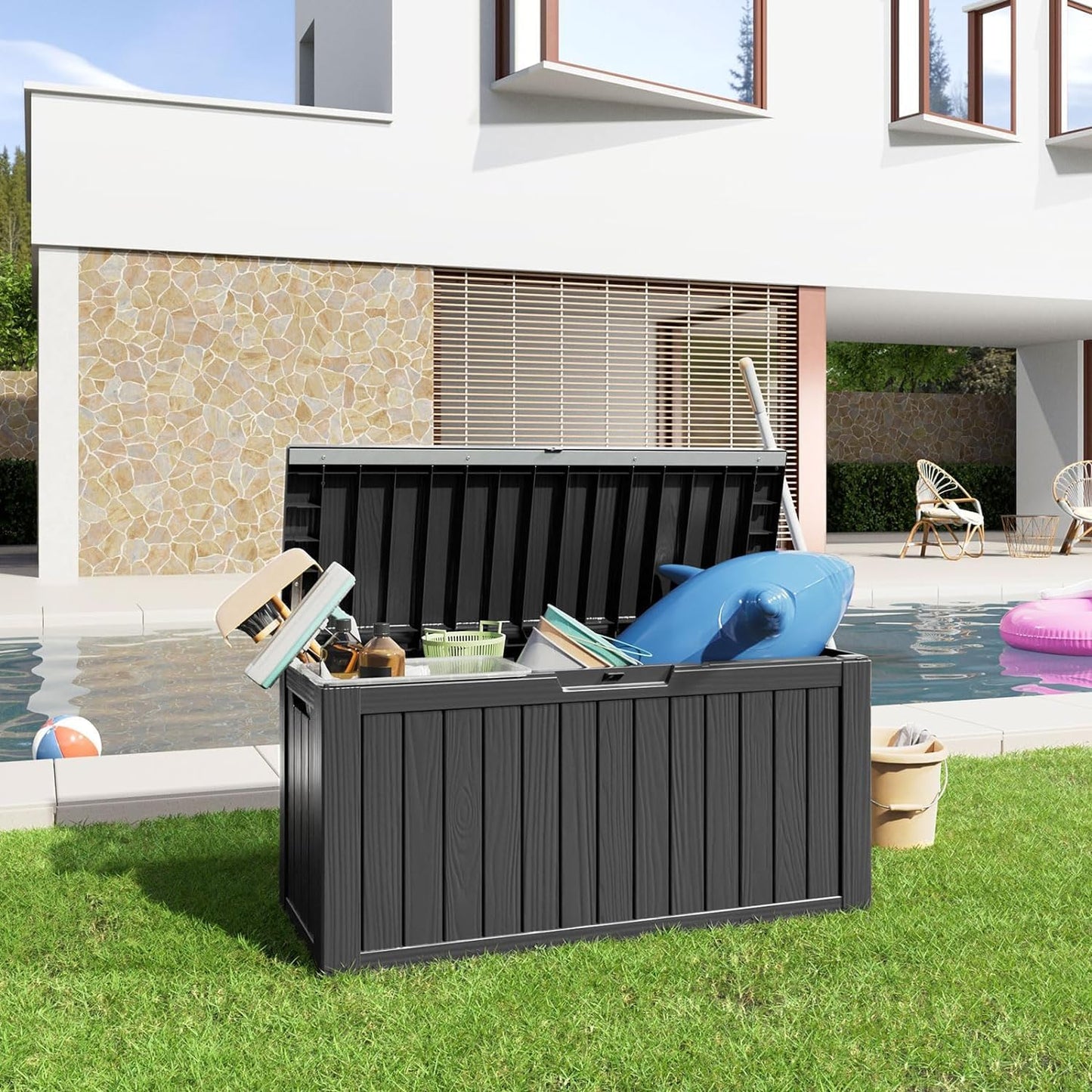 80 Gallon Resin Deck Box, Lockable Outdoor Storage Box for Patio Cushions Storage Furniture,Garden Tools, Pool Supplies, Weatherproof and UV Resistant- Black (80 Gallon)