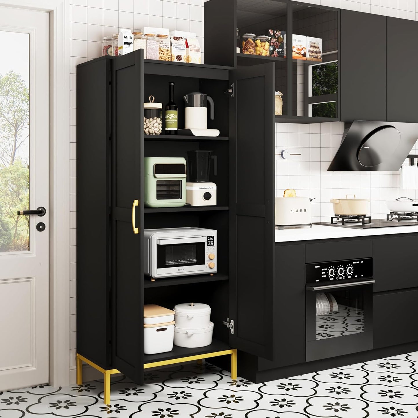 Tall Storage Cabinet, Kitchen Pantry Cabinet with 2 Doors & Adjustable Shelves for Laundry Room, Living Room, Entryway,Bathroom,Black