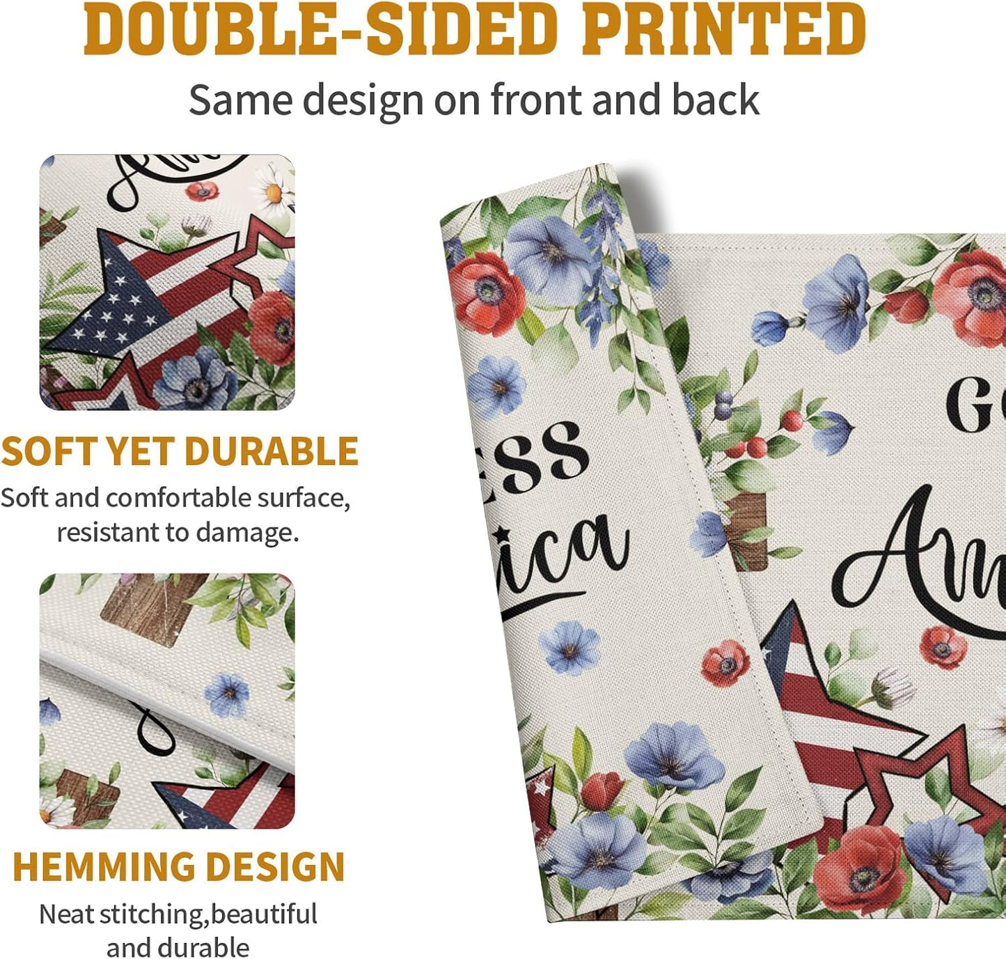 4th of July Placemats Set of 4 Patriotic Floral Cross Stars Independence Memorial Day Place Mats 12x18 Inch God Bless America Linen Fabric Table Mats for Party Kitchen Dining Decoration