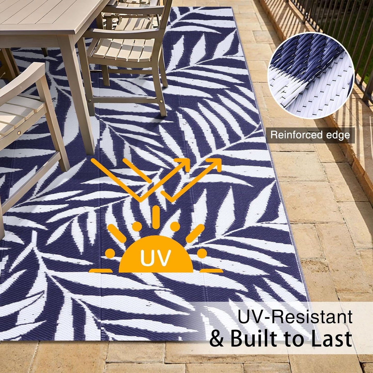 OLANLY Waterproof Outdoor Rug 5x8 ft, Reversible Outdoor Plastic Straw Rug with Leaf Pattern, RV Mat, Indoor Outdoor Carpet for Patio, Camping, Balcony, Deck, Backyard, Navy & White