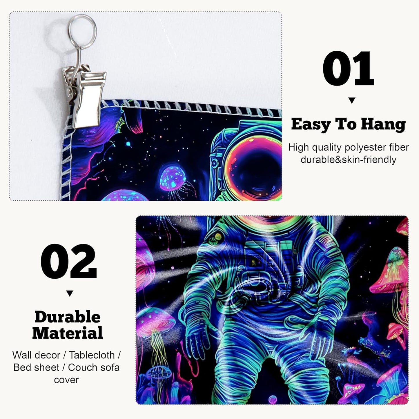 BVBOX Astronaut Space Blacklight Tapestry 79"x59", UV Reactive Astronaut Mushroom Forest Universe Galaxy Planet Glow in Dark Tapestries, Black Light Neon Upright Poster Wall Hanging Backdrop Decor for Bedroom Living Room