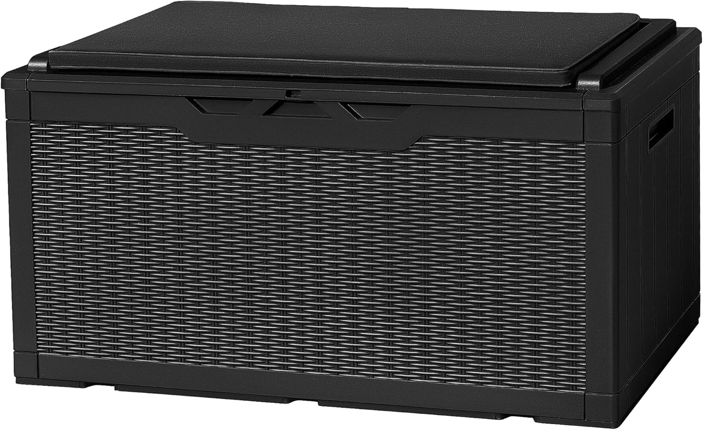 Flamaker Deck Box with Cushion 100 Gallon Waterproof Resin Storage Box with Air Rod Indoor Outdoor Lockable Storage Bench for Patio Furniture, Tools, Pool Accessories (Black)
