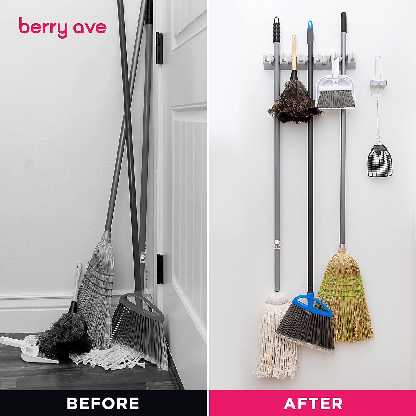 Berry Ave Broom Holder and Garden Tool Organizer Rake or Mop Handles Up to 1.25-Inches (White, 2pk)
