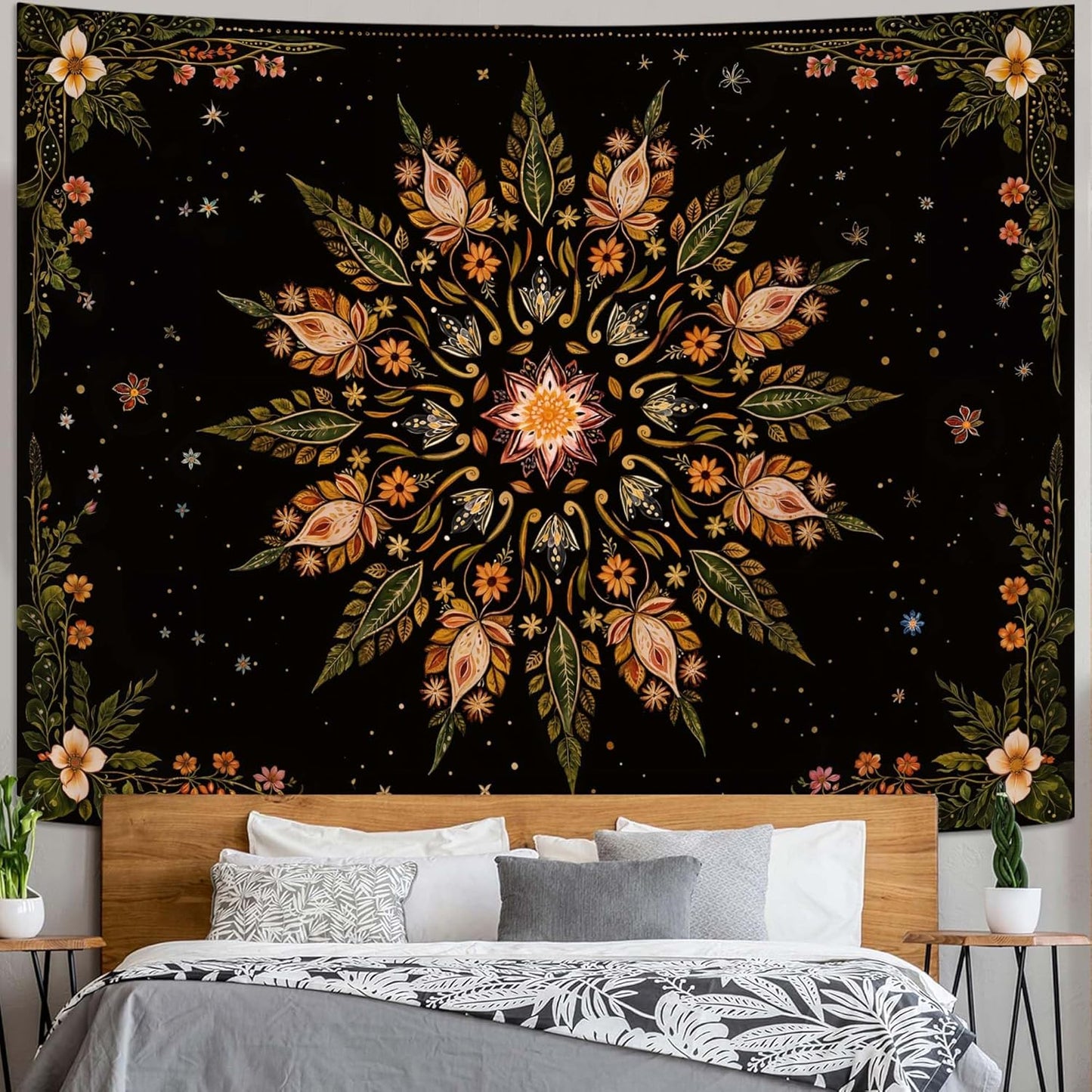 Fowocu Boho Floral Mandala Tapestry for Bedroom Aesthetic Vintage Bohemian Flower Wall Tapestry Black Green Hippie Indian Large Tapestries Wall Hanging for Living Room Dorm Decor 80 x 60 Inch