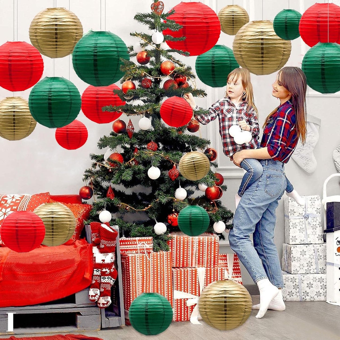 ADLKGG Paper Lanterns Decorative, Round Hanging Lantern for Italian Party Mexico Party Graduation Christmas Anniversary Birthday Decorations Green/Red/Gold 21pcs