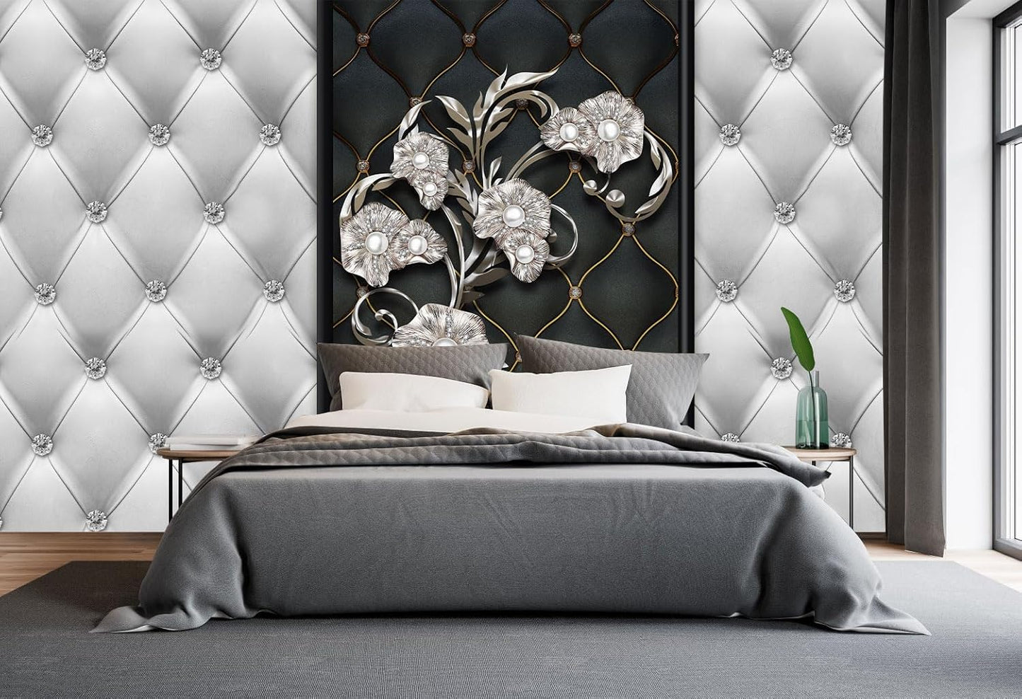 Black and White 3D Diamond Soft Case Faux Leather Wall Mural Wallpaper for Bedroom Living Room Tv Background (Not Peel and Stick)