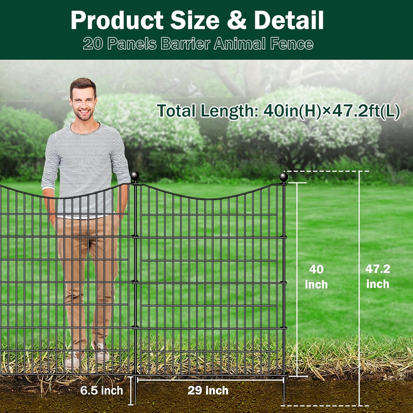 20 Panels Decorative Garden Fence with 2 Gates, 40 in(H) X 47.6 ft(L) No Dig Dog Fence Animal Barrier Outdoor for Yard, Rustproof Metal Garden Edging and Borders, Temporary Fencing Stakes