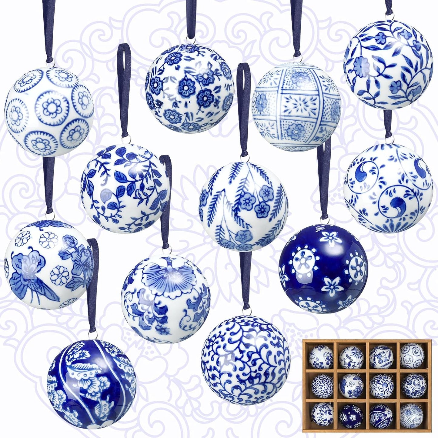 Cindeer 12 Pcs Blue and White Christmas Porcelain Balls 2.4 Inch Porcelain Chinoiserie Ornament Bulk Christmas Ceramic Hanging Decorative for Tree Home Xmas Party (Groovy Style)