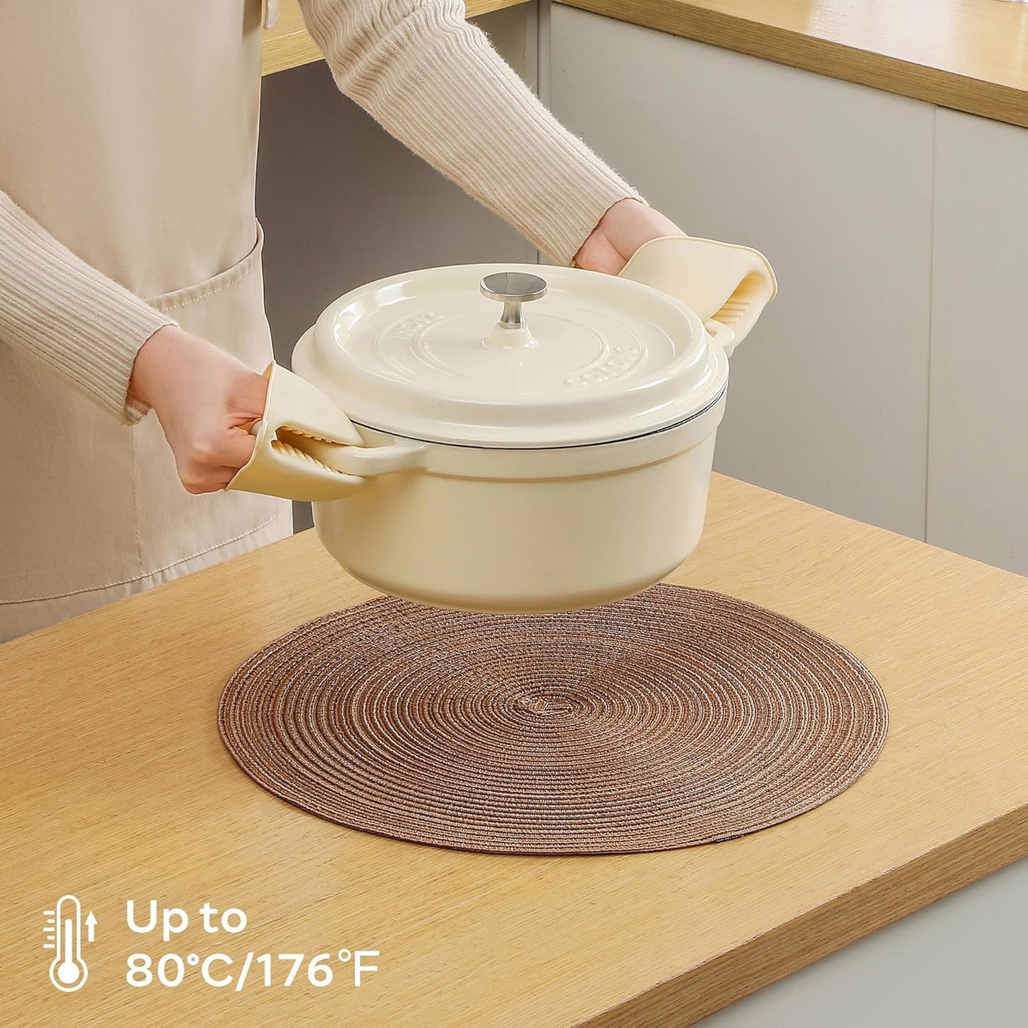 Leetaltree Round Placemats Heat and Slip Resistant Cotton Table Mats, Washable Bohemian Placemats for Dining Tables (Brown, Set of 8)