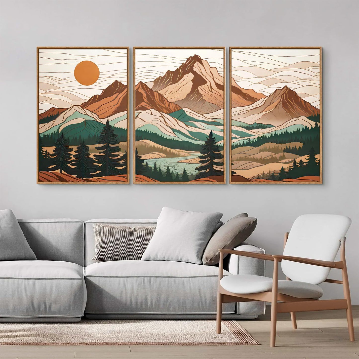 Tinonedraw Mountain Framed Canvas Wall Art Set of 3, Sunrise Forest Woodland Landscape Art Prints, Boho Coloful Ridge Scenery Wall Decor, Wood Pine Wilderness Art Paintings for Living Room Bedroom, Office 16"x24"