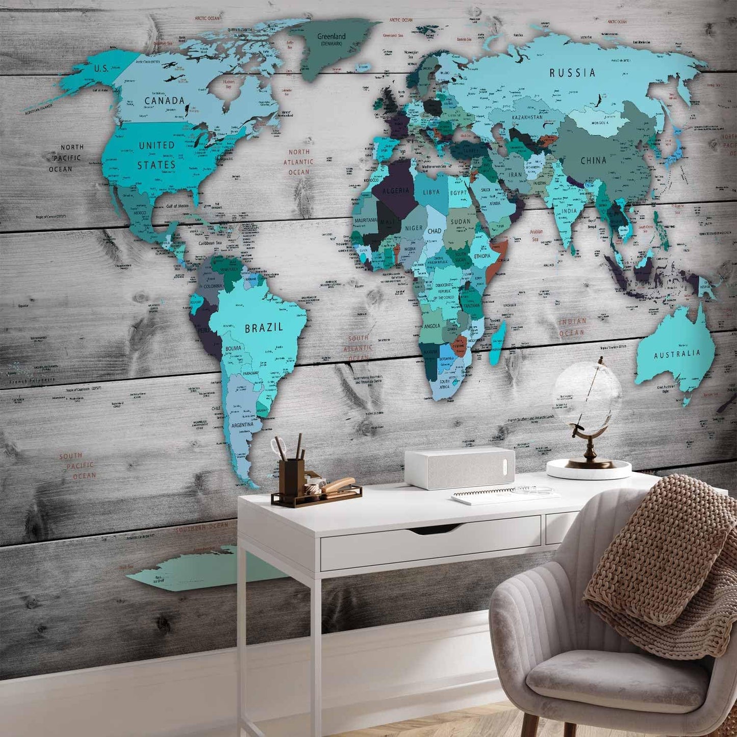 artgeist Premium Wall Mural World Map 138x101 in - XXL Non-Woven Wallpaper Fleece Wall Decor Photo Print Picture Image Design Home Map of The World k-B-0009-a-d