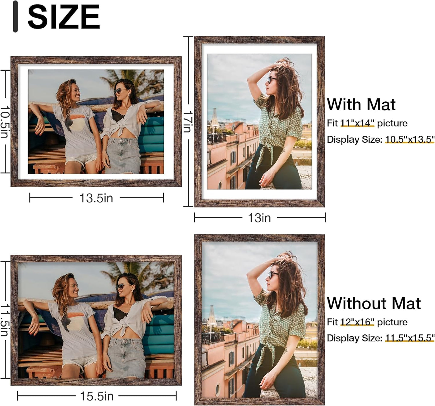 Vittanly 12x16 Picture Frames Set of 9, Shatter Resistant Plexiglass, Display 11x14 Pictures with Mat or 12x16 without Mat, Photo Frames for Wall Mount, Engineered Wood, Brown