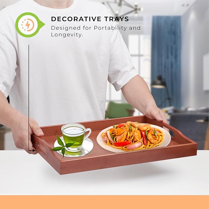 Prosumers Choice Wooden Tray - Dark Wood Serving Trays with Handles - Nesting Design for Space Saving - Wooden Serving Tray for Food, Drinks, Snacks - Set of 3