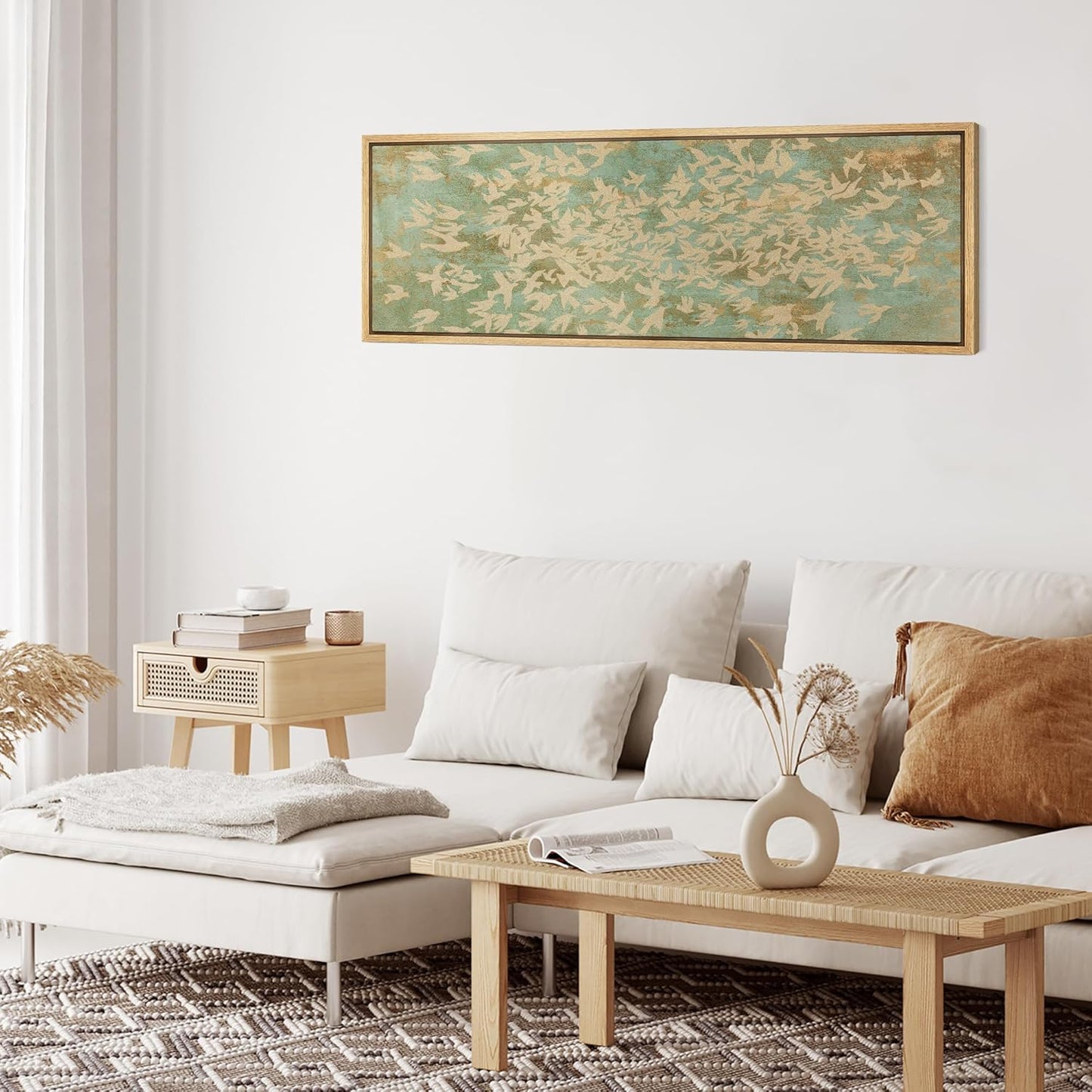 MUDECOR Large Framed Canvas Print Wall Art Rustic Birds in Flight Abstract Pattern Antique Retro Fine Art Illustrations Decorative Colorful for Bedroom - 60"x20"