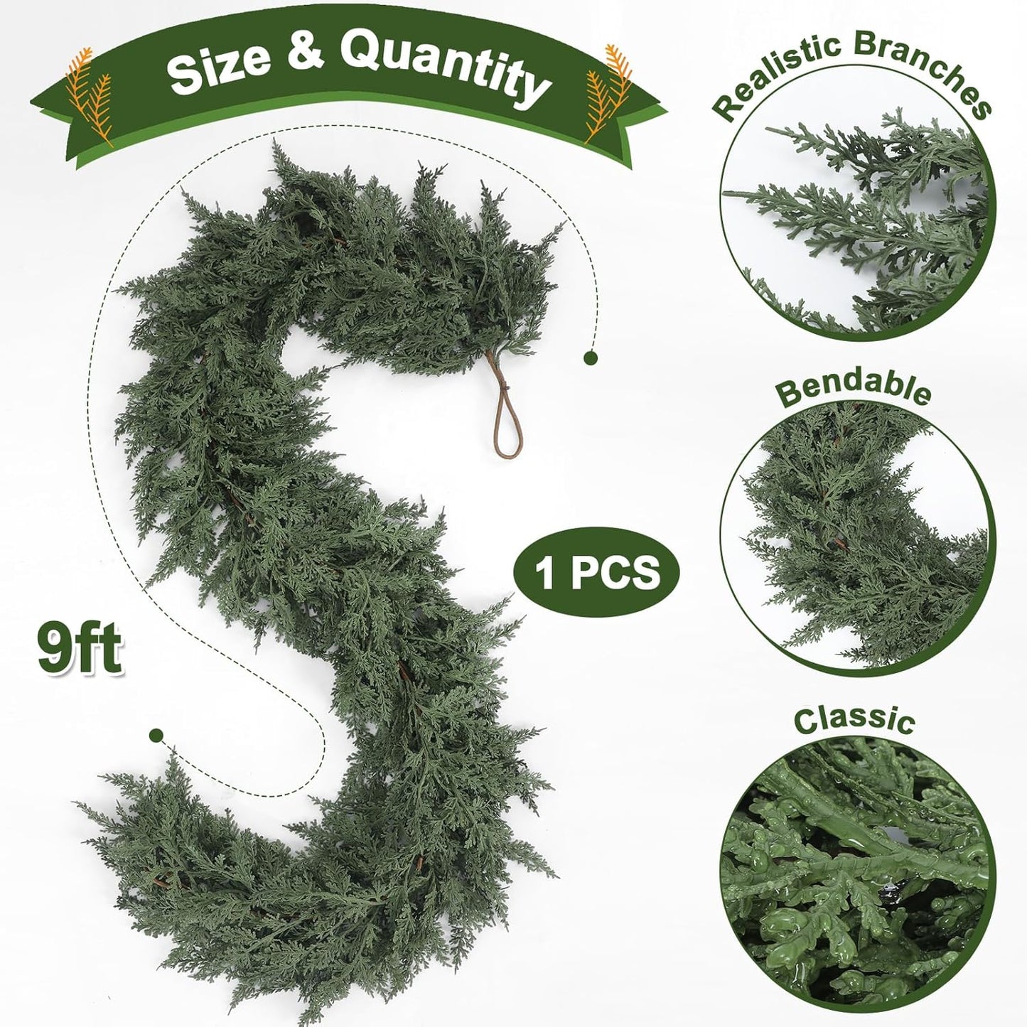 Jutom 1 PCS 9 ft Christmas Cedar Garland - Artificial Realistic Holiday Cedar Pine Needles Greenery Garland Decoration for Mantel Table Winter Party