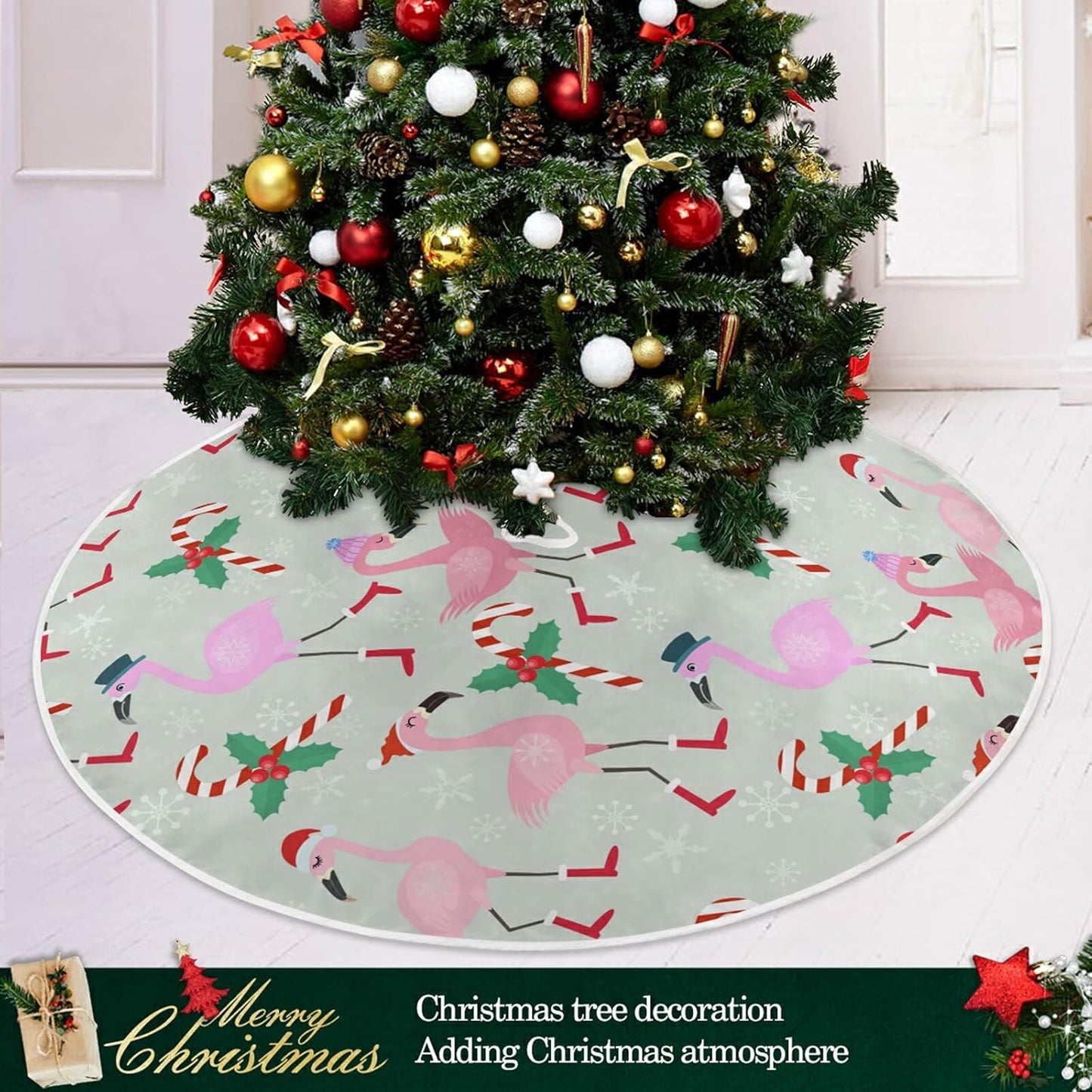 Christmas Flamingo Candy Tree Skirt, Seasonal Tree Mat Holiday Party Supplies Ornaments Indoor Outdoor Decorations for Tabletop Trees 47.2 Inches