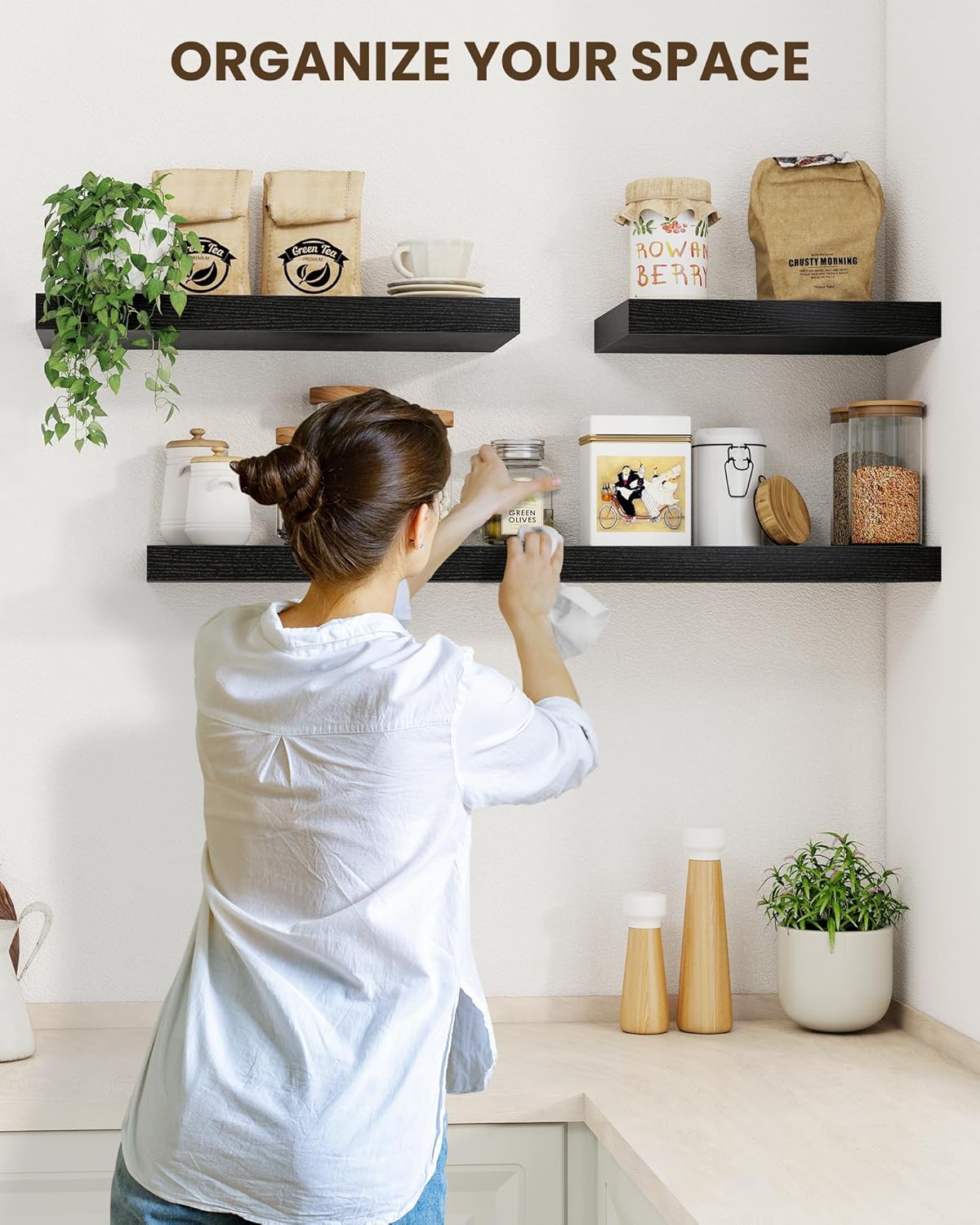 Marsmiles 24" Floating Shelves for Wall, Wooden Shelves with Invisible Brackets Set of 2, Rustic Farmhouse Wall Mounted Shelf for Kitchen Bathroom Living Room Study, Black