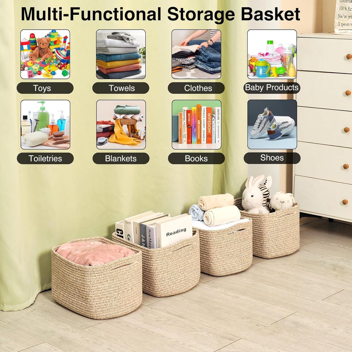 Small Storage Baskets for Shelves Organizing, Woven Cotton Rope Baskets for Storage, Book Basket, Decorative Shelf Basket, 12.5"Lx9.1''Wx7.9''H (4 Packs) Brown