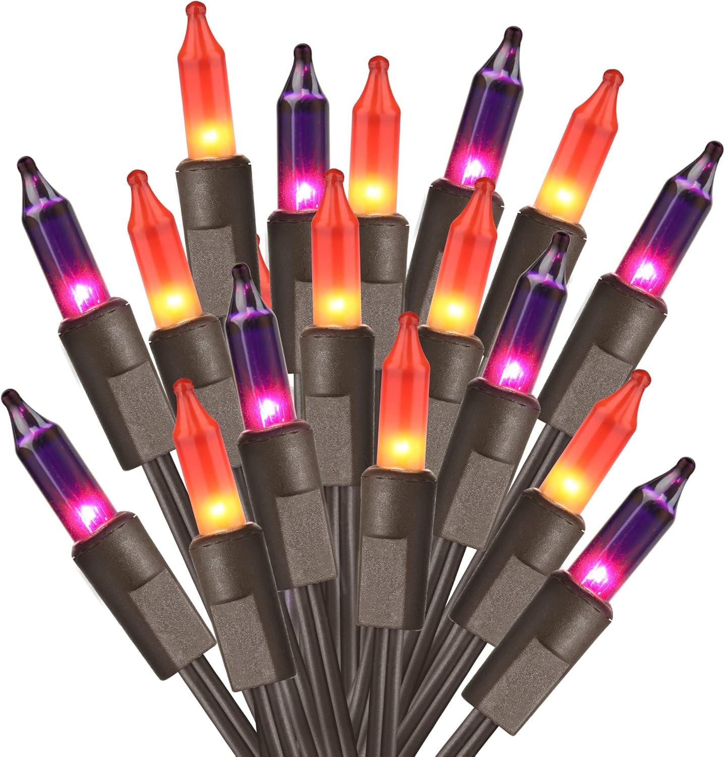 ODEETRONIC Purple Orange Lights, 21.63ft 100 Count Mini Incandescent Halloween Lights, 120V UL Certified Connectable Plugin Outdoor Tree Light, Brown Wire Indoor String Light for Party Spooky Decor