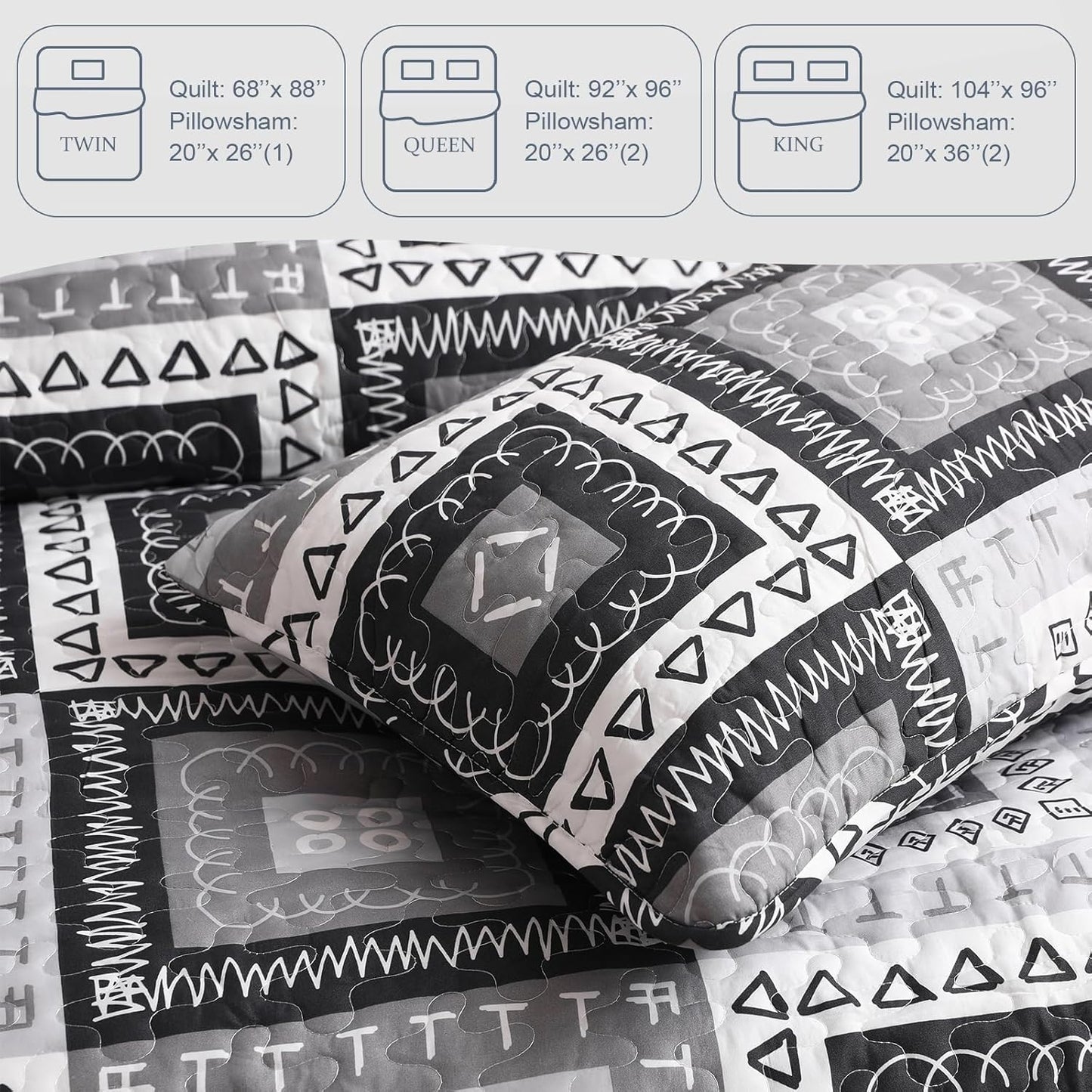 Exclusivo Mezcla Reversible Boho Quilt Set King Size, 3 Pieces Patchwork Black All Season Bedspreads, Ultra Soft Floral Coverlet Bedding Set with Printed Pattern (1 Quilt, 2 Pillow Shams)