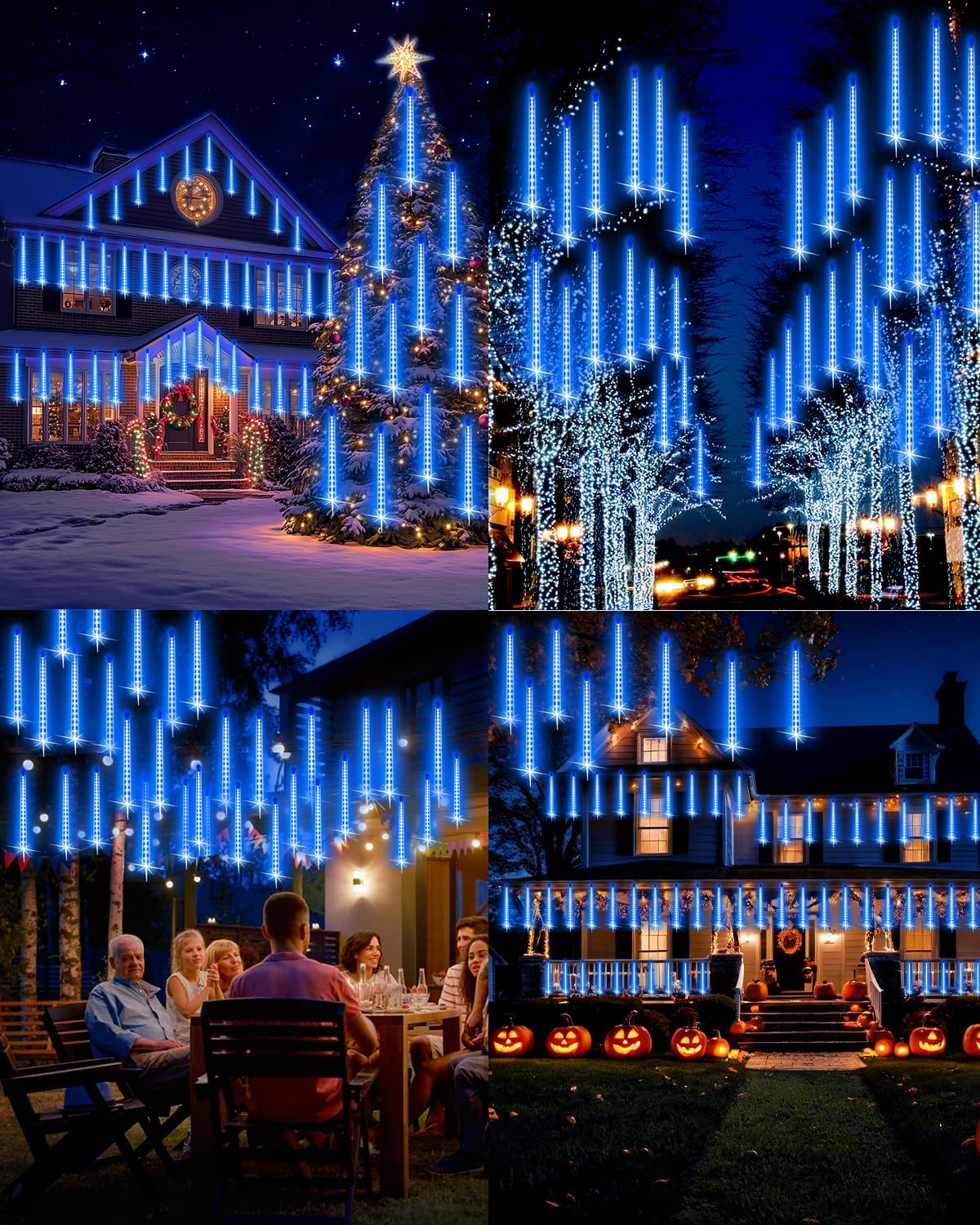 PEMOTech Christmas Lights Outdoor,16 Tubes 40cm 576 LED Meteor Shower Lights, Waterproof Christmas Decorations Icicle Lights for Xmas Tree Halloween Party, Outdoor Christmas Decorations,UL Plug,Blue