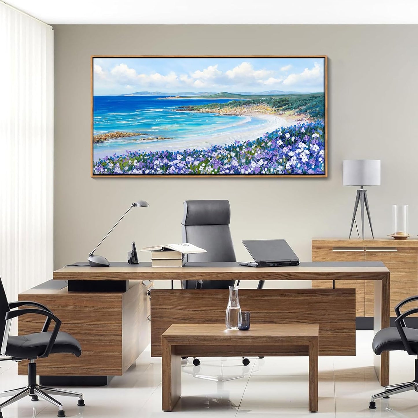 Mofutinpo Coastal Beach Wall Art,Large Purple Flower Landscape Canvas Wall Art for Living Room & Bedroom Decor, Framed Blue Beach Pictures & Paintings for Walls,Ocean Artwork for Home & Office 24x48IN