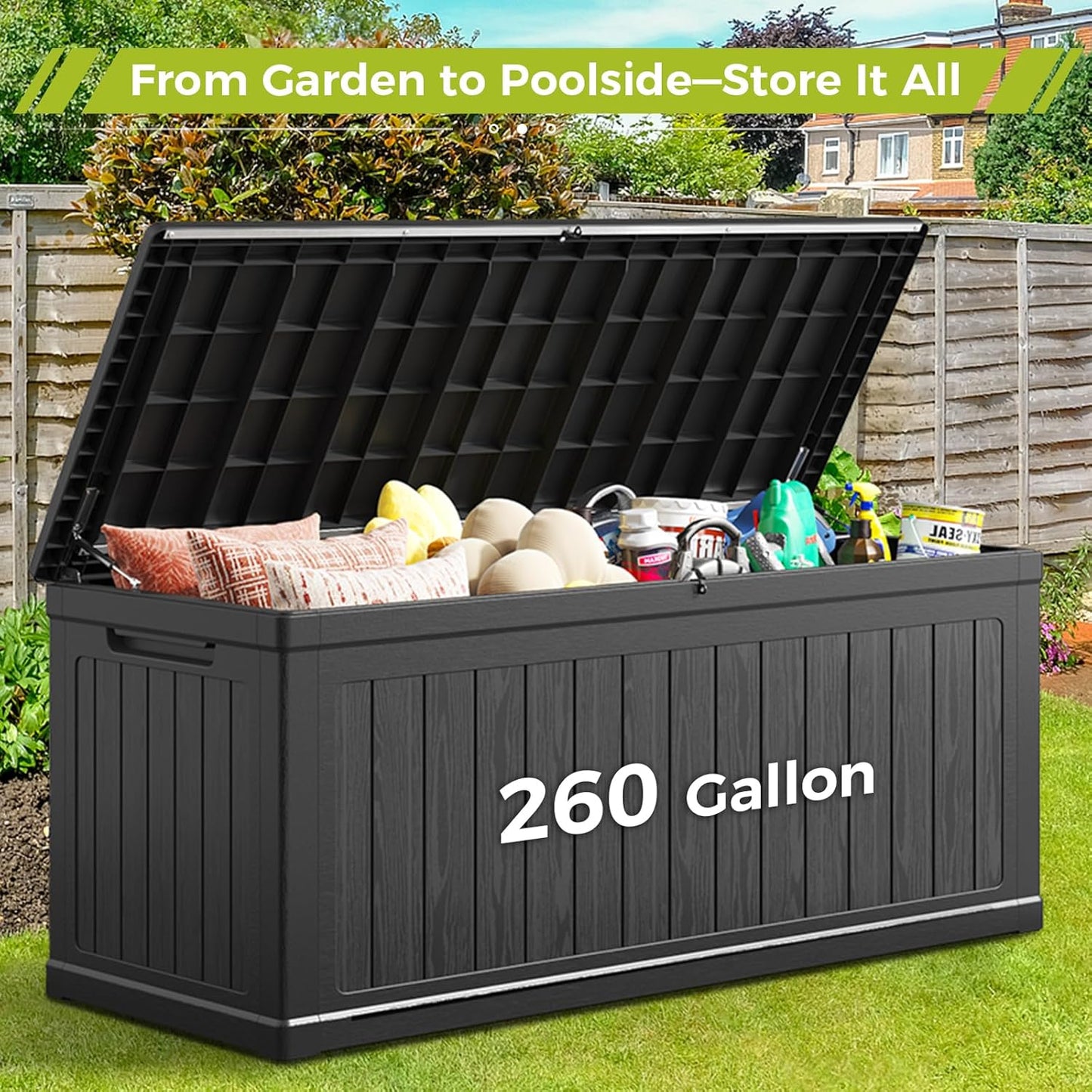 Vantic 260 Gallon Outdoor Resin Storage Deck Box Waterproof, Outdoor Large Deck Box Lockable & UV-Resistant, Outside Cushion Storage Bin for Patio Furniture, Garden Tools, Pool Accessories, Black