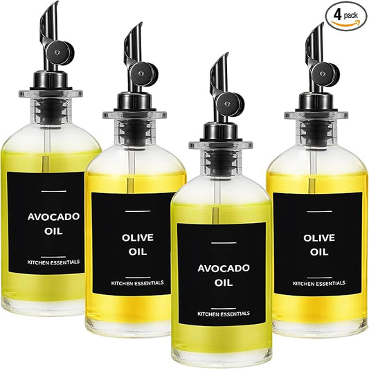 Olive Oil Dispenser Bottle - Includes 55 Kitchen Essential Labels - Cooking Oil Bottles for Kitchen, Coffee Syrup Dispenser - Pourer Spout with 11.8 fl oz Glass Container Cruet - 4pcs, Black