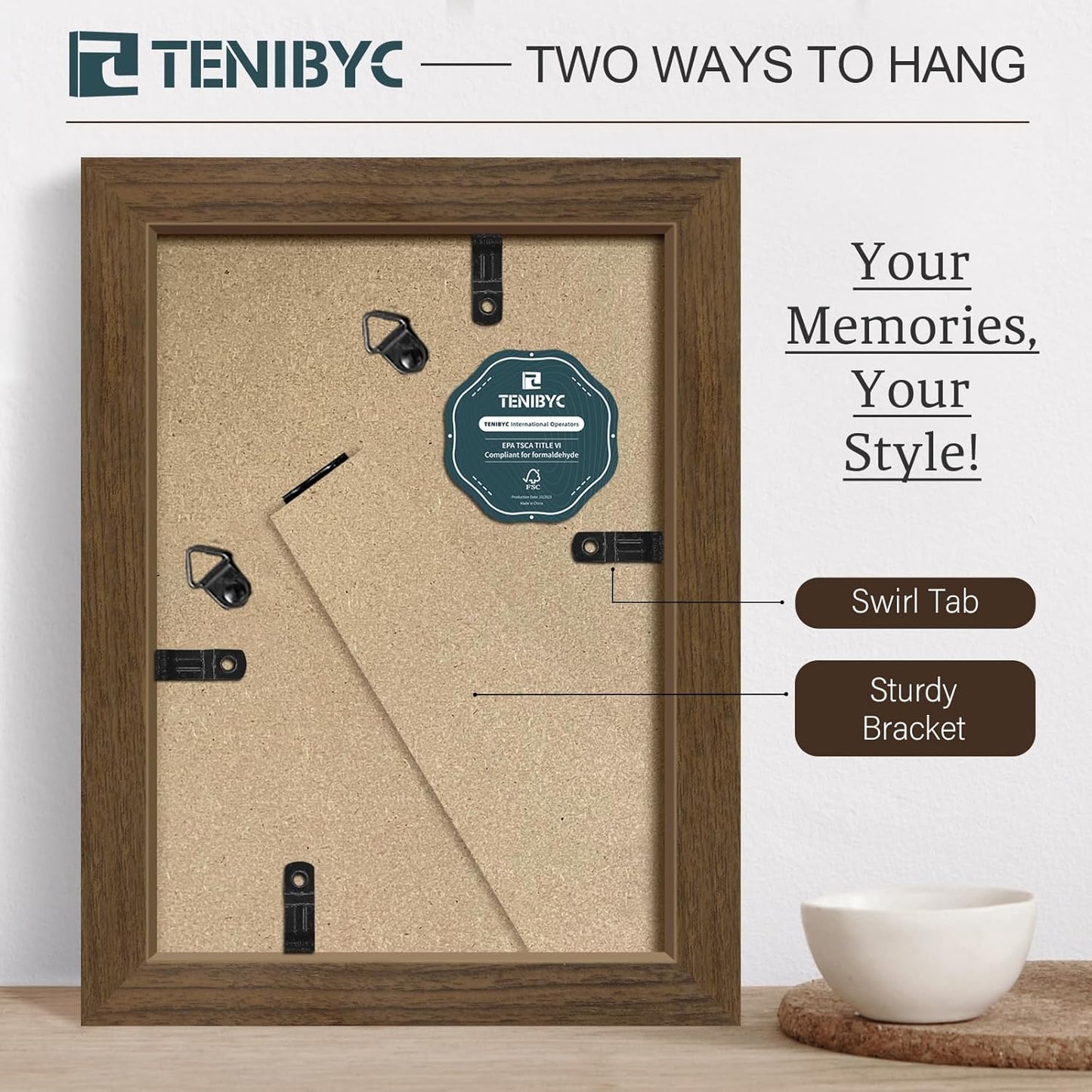 5x7 Picture Frame 3 Pack - Brown Woodgrain, Wood Photo Frame, HD Tempered Glass, Table Display or Wall Hanging