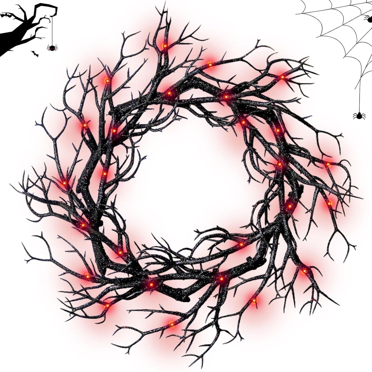Halloween Black Branch Wreath - 16.5 Inch Glitter Black Twig Halloween Wreaths with Red Lights for Front Door Indoor Outdoor Party Window Wall Decor Farmhouse Garland Yard