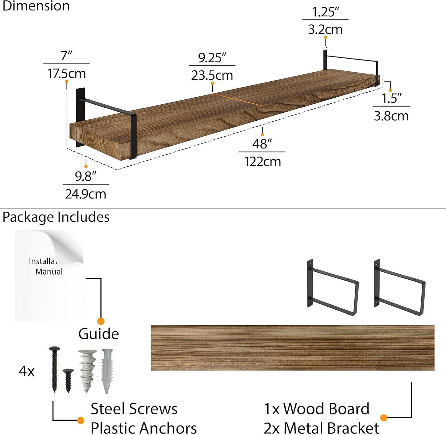 Wallniture Toledo 48 inch Floating Shelf with Heavy Duty Bookend Brackets, Wooden Shelves for Wall, 1pc, Burnt Finish