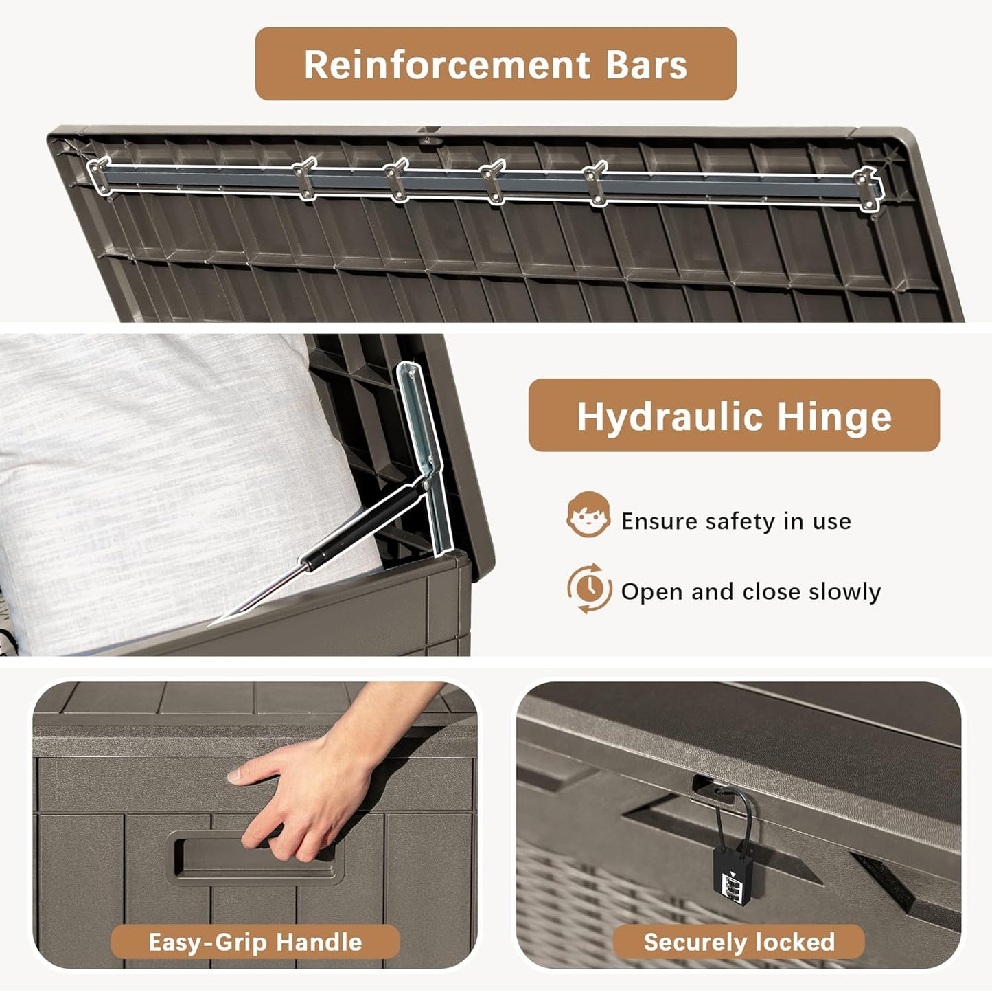 Devoko 97 Gallon Deck Box, Waterproof Resin Outdoor Storage Box for Outside and Patio, Large Outdoor Storage Bench Cabinet Lockable for Patio Furniture, Garden Tools and Pool Supplies (Brown)