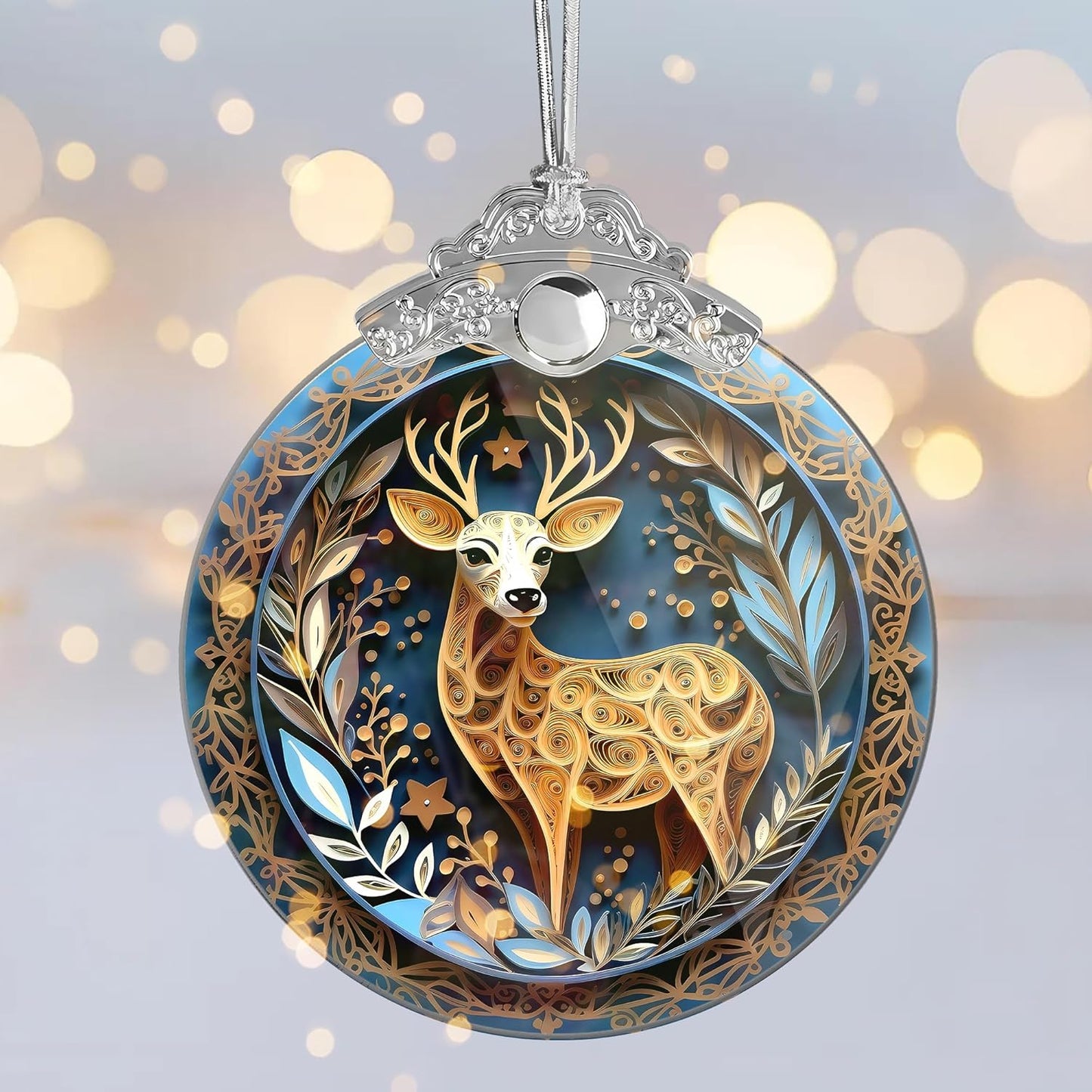 2025 Christmas Ornament, Stained Glass Effections, Christmas Tree 4 Inch Acrylic Ornament Art, White Elephant Gifts Car Interiors Decors, Christmas Decor (Quilling Deer)