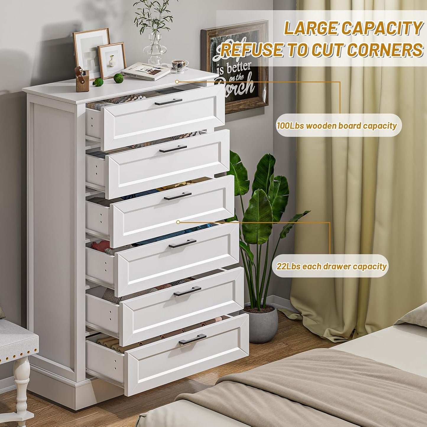 White 6 Drawer Dresser, 55 Inch Tall White Dresser for Bedroom, Modern Farmhouse Style Chest of Drawers for Bedroom Living Room, Wood Rustic Tall Clothing Organizer for Closet, Living Room, Hallway