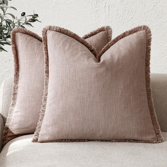 Foindtower Set of 2 Decorative Linen Fringe Throw Pillow Covers Boho Farmhouse Cushion Cover with Tassels Soft Accent Pillowcase for Couch Sofa Bed Living Room Home Decor,24×24 Inch,Dusty Pink
