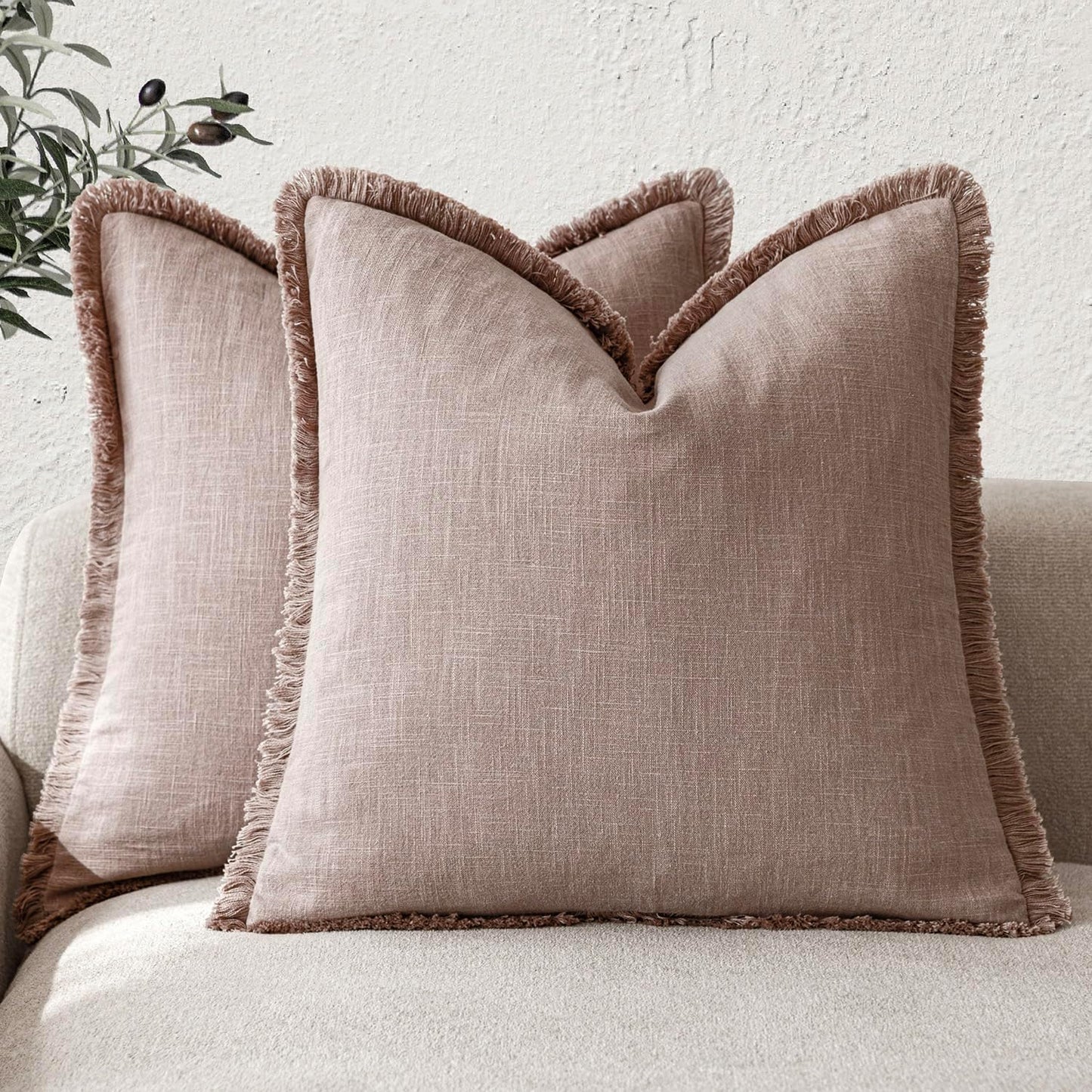 Foindtower Set of 2 Decorative Linen Fringe Throw Pillow Covers Boho Farmhouse Cushion Cover with Tassels Soft Accent Pillowcase for Couch Sofa Bed Living Room Home Decor,18×18 Inch,Dusty Pink