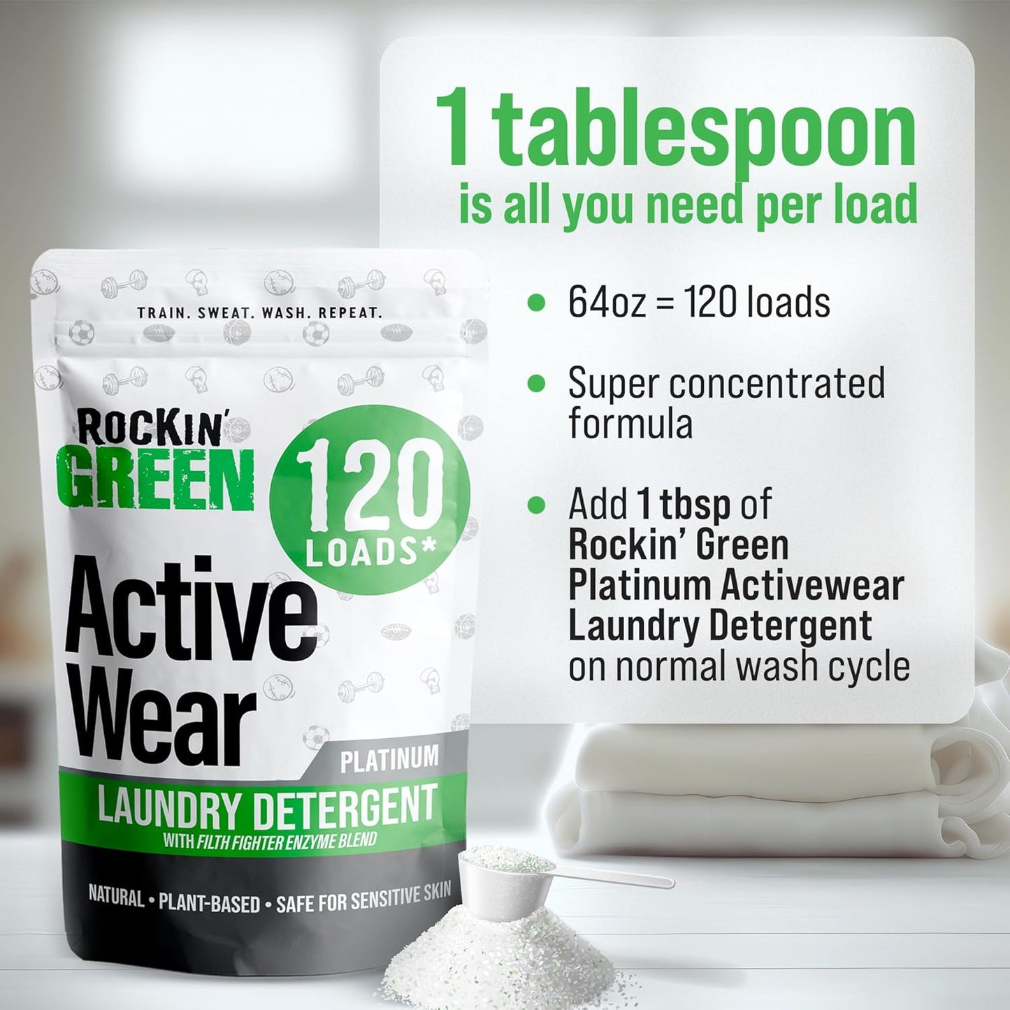 Rockin' Green Laundry Detergent, Plant based, All Natural Laundry Detergent Powder, Vegan and Biodegradable Odor Fighter, Safe for Sensitive Skin (Active Wear 120 Loads - Unscented)