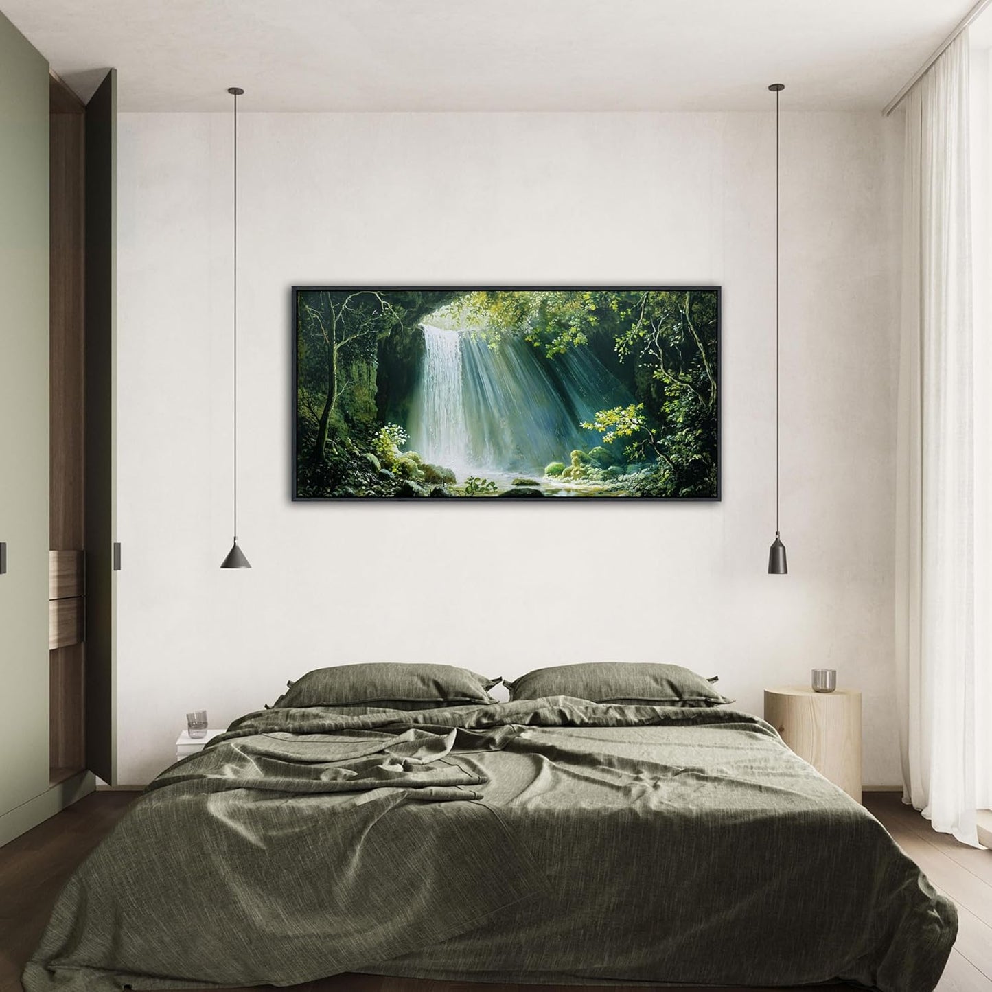 QZQCBLC Large Canvas Wall Art, Waterfall in the Sun Forest Landscape Pictures Artwork Green Valley Stone River Gallery Paintings for Living room Bedroom kitchen Home Office Decor 24x48 IN